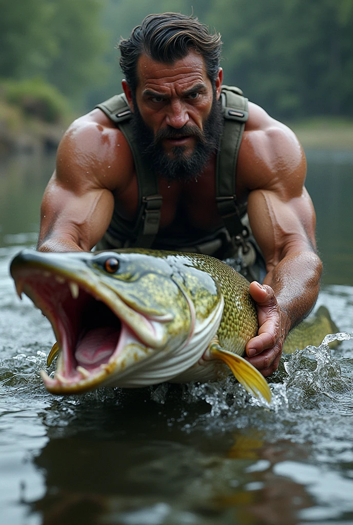 Slightly built man, Breasts without clothes, in coats, fishing on the shore of the lake, he is very happy, caught a huge fish