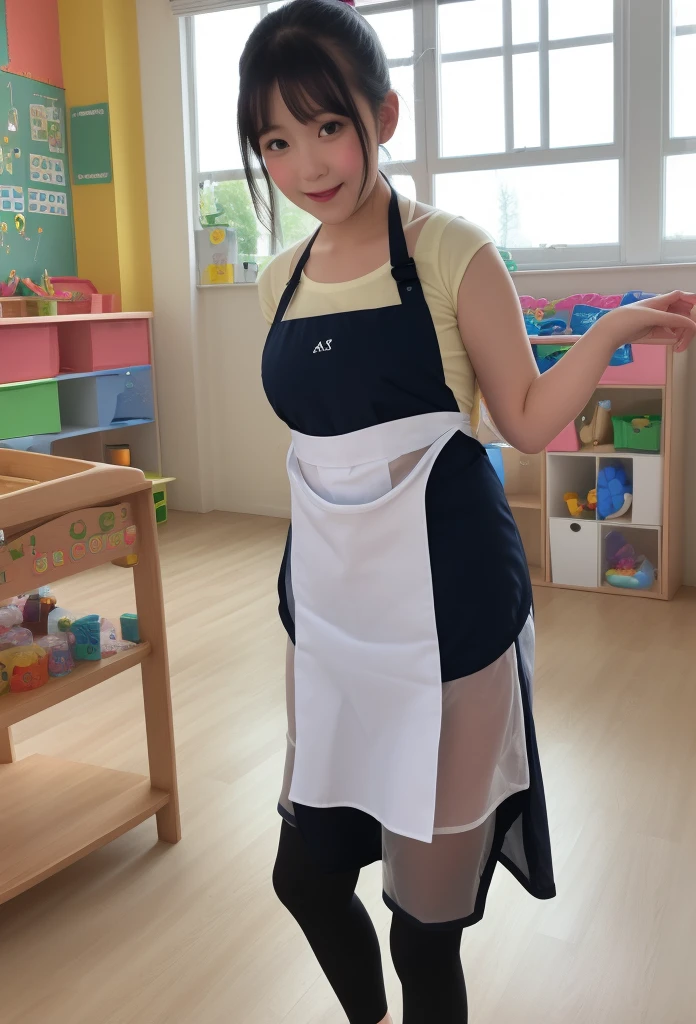 (((nsfw)))、close range、Beautiful woman、cute、((Female Teacher))、smile、Extra Very Short Hair、((Delicate photo)),(Detailed RAW photos of girls), (Tabletop:1.0), (Highest quality:1.6), (Ultra-high resolution:1.5), (Realistic:1.75), 8K resolution, Absurd, Ultra-detailed,Cinema Lighting,、nurserying an apron))、(Hairstyle with bangs)、Long sleeve T-shirt、((Colorful kids room:1.1))、((Lots of toys:1.))、((cute壁紙の部屋))、((Simple panties are visible:1.2))