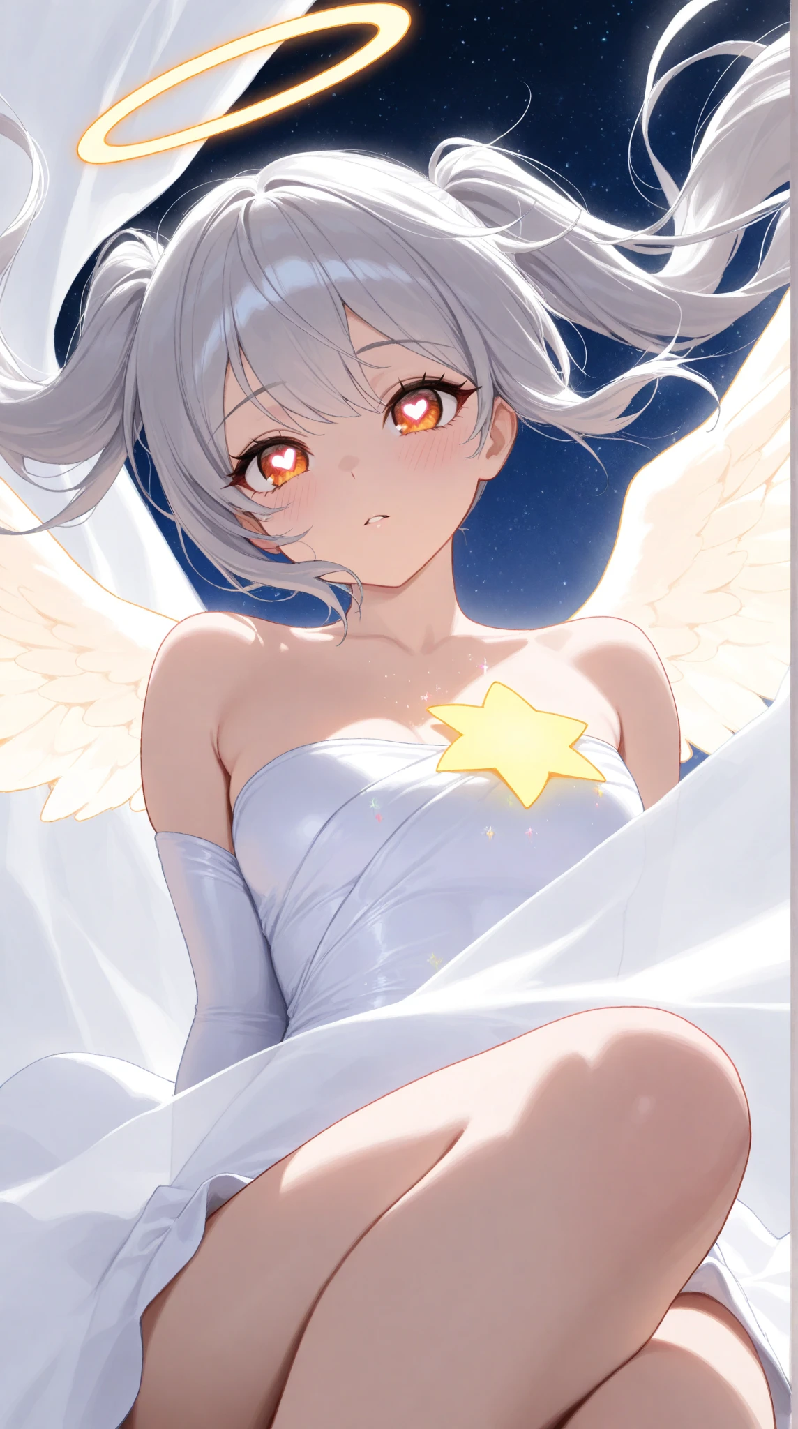 ((angel, big big white wings:1.3, halo:1.3)), (((whole body))), ((flower))) ((flying)), archangel Uriel, ((wavy fur, outward curly hair)), evening, sunset, ((by rubio, bob cut:1.3)), old, adolescent, nipples in the air, you can see the nipples, (looking at the viewer), oversized clothing, long puffy sleeves, clavicle, ((Off Shoulder Sweater Dress:1.3, Quite thick straps)), (((sleeves beyond the wrists:1.3))), ((White sweater)), clavicle, nod:1.3, (((Blue eyes))), ((happy smile)), (((animated style))), (Best Quality, 4k, 8k, high resolution, Masterpiece:1.2, ultra detailed, ultra detailed eyes, HDR, UHD, studio lighting, ultrafine paint, sharp focus, physically based rendering, extreme detailed description, professional, vivid colors, bokeh), ((of the highest quality, Best Quality de imagen, ultra high resolution, ultra high resolution, Alone, strong reflections in the eyes)), Depth of written limit, Soft and natural light, attractive, beautiful face, cleaning, how to pretend, medium chest, beautiful face, perfect fingers, perfect hands, perfect body, Perfect face, Shine a light in your eyes, perfect anatomy