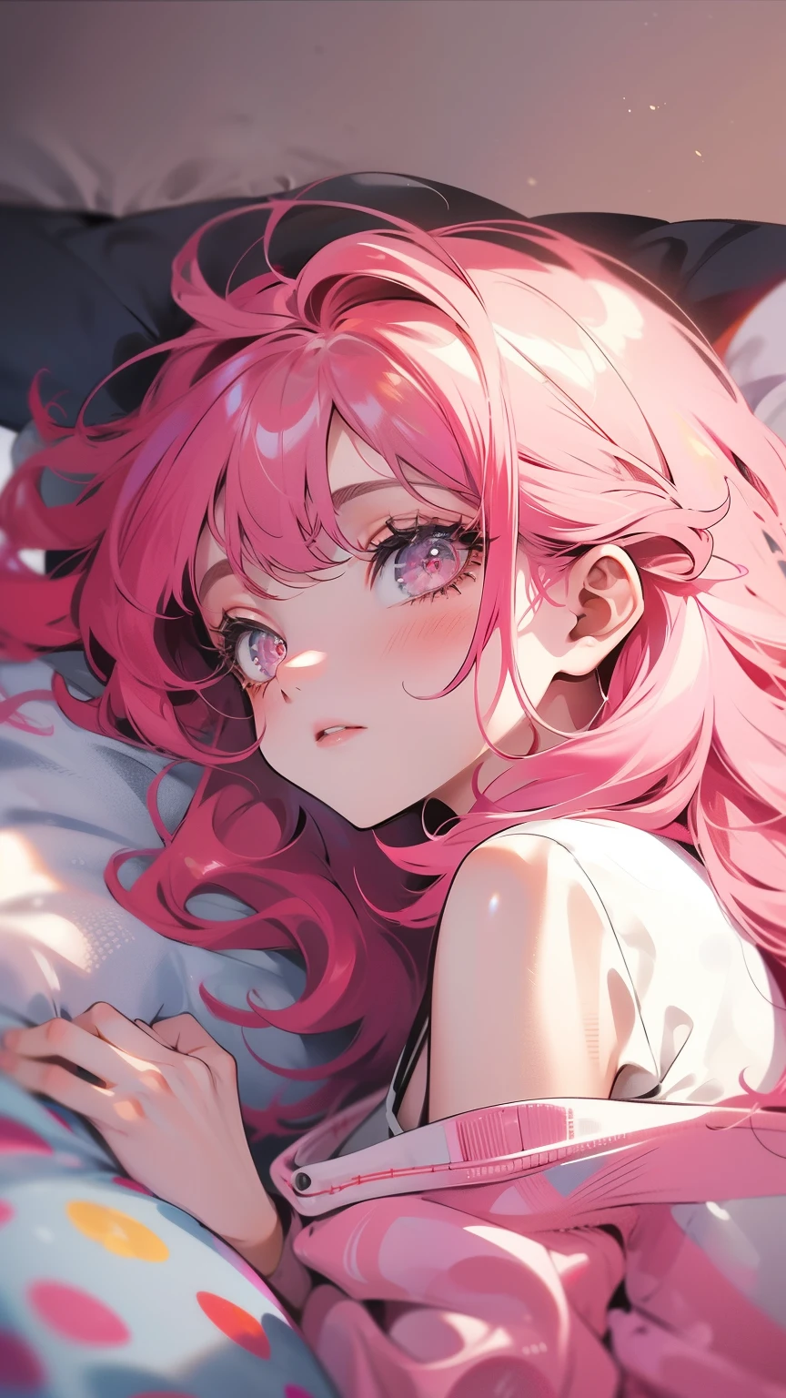 masutepiece, Highest Quality, (Perfect face:1.1), (high detailing:1.1), (ultradetailed eyes),Dramatic, superfine illustration, Extremely detailed,1girl in, teenager,(pale skin), Happy, Laugh, Enjoy, pinkhair,gloweyes,pink eyes,Ethereal eyes,open mouth,smile,Solo,Pouty lips,Cinematic lighting,cowboy shot,looking for viewer,pajamas,sleeping,indoor, bedroom,lying on back(midnight:1.4)