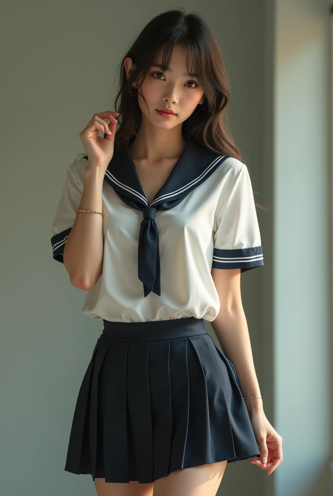 ((Kumiko Goto:1.3))Beautiful detailed face、Pale skin、Realistic glowing skin、Detailed cloth texture、Detailed hair texture、Perfect body、Beautiful Face、correct、Anatomically correct、 Highly detailed face and skin texture、Natural neck length、(Beautiful Hands)、(Fair skin:1.2)、Thin legs、Thin legs、 break 細かい目元、Symmetrical eyes、Light brown eyes、double eyelid、Thin eyebrows、(Glossy Lips:1.4)、((Gentle smile:1.2))、(blush:1.1)、 break (Elegant and cute girl:1.3)、Medium-sized large breasts、(Slim body type:1.1)、Toned Abs、Beautiful clavicle、 (Dark Blonde、Wavy Hair、Long Hair:1.2)、(Cowboy Shot:1.2)、((wearing student clothes、Long sleeve sailor suit worn by Japan 、blue cuffs、Dark blue mini pleated skirt, white socks、Black loafers)))、shy smile、full figure supermodel standing, entire body in frame、standing gracefully、in high school classroom