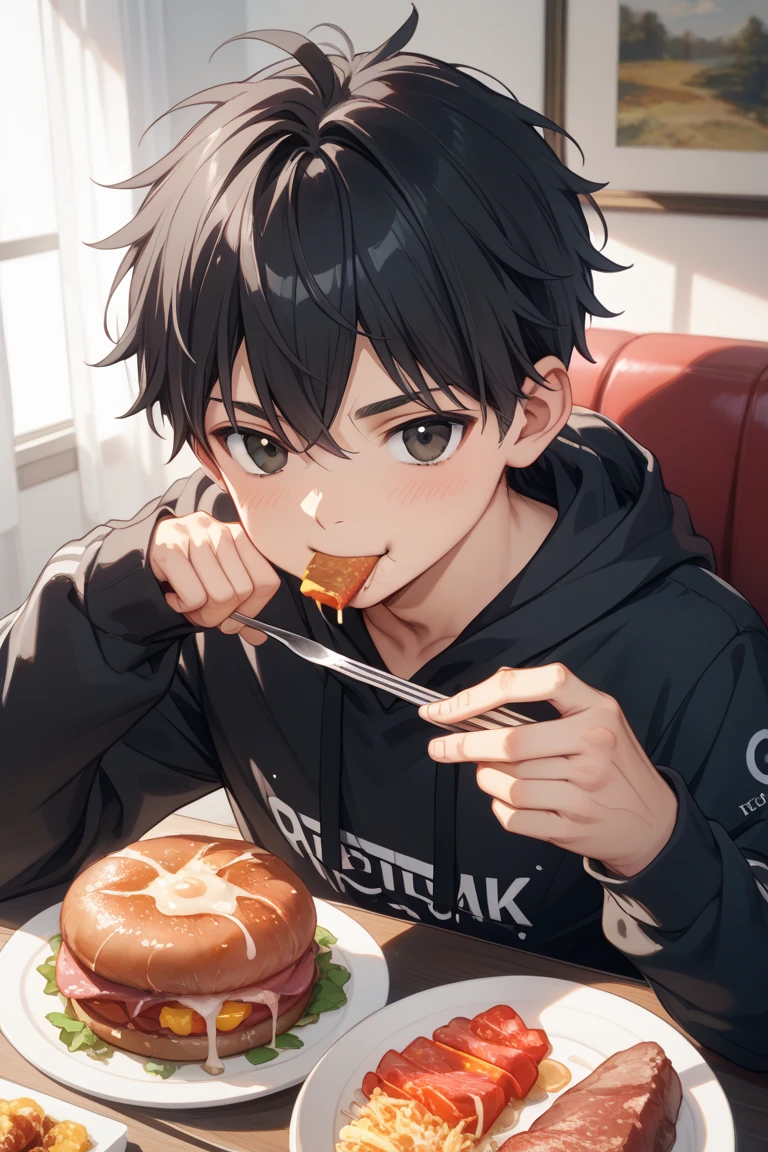 Libido boy, Black hair,White shirt,Sit on the bed in the room,Eating dinner
