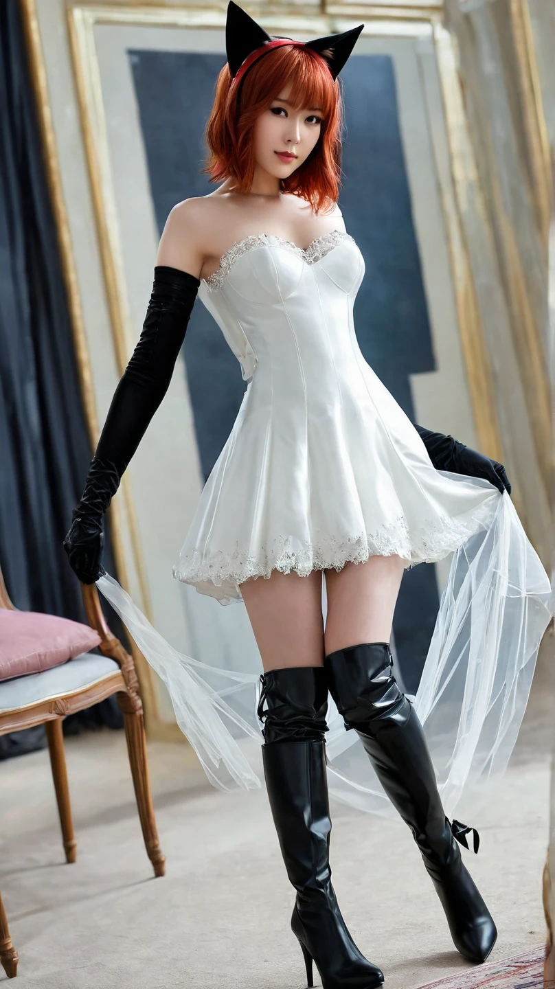 (Only one person), Pure Japanese young girl, outstanding body, white skin, wearing white gothic Lolita style dress and accessories, white stockings, classical high heels, vivid makeup and lips, thick eyebrows, arranged hair styles, sweet smile, sitting in antique gothic style interior, summer midnight, pop atmosphere, dazzle me, professional photography,