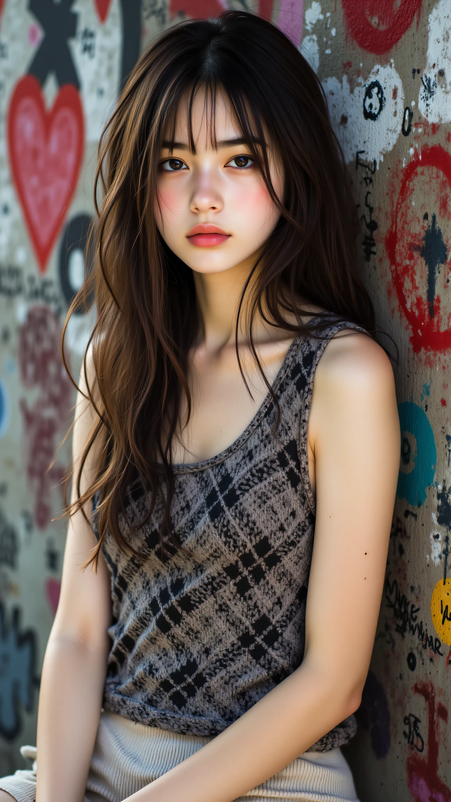 8k, masterpiece, highest quality, Korea's Beautiful Women, Long brown hair.  Neutral expression.  Sleeveless patterned top. Plaid patchwork design.  Muted colors. Light-colored skirt or shorts.  Graffiti wall. Large red heart.  graffiti.  Various tags.  Multiple paint layers. Different colors.  Serious neutral mood. Edgy artistic style. Urban setting.