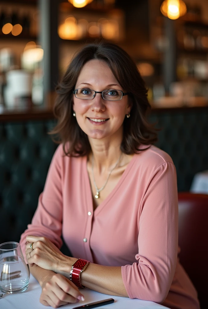 smiling woman with short brown hair and red shirt with dark green slacks, this person does not exist, 40 years old, with very thin lips, casually dressed, kelly macdonald-julie andrews-bebe neuwirth-tina fey-bonnie bedelia-marin hinkle-penny marshall-najwa nimri-melanie lynskey-anne parillaud-paz vega-emma thompson merged, entire body visible, full body, hyperrealistic, best quality, 8K, real human skin, masterpiece, extremely intricate, medium closeup, detailed eyes, detailed face, detailed body, exaggerated features, pronounced features