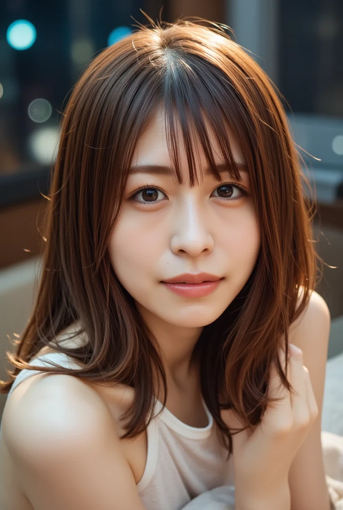 ((Ultra HD)),woman, 28, (Skin Dentition), nice, alone, Realistic, Highest quality, photoRealistic, masterpiece,8K, High resolution, alone, Highly detailed face, Cowboy Shot, Bust Shot, passport photo, Full Face, (Professional Lighting, Bokeh), (Particles of light, Lens flare, Glowing particles:0.6), (Dynamic pose:1.2), Soft lighting, View from above, Fashionable and trendy atmosphere, Japan, Tokyo, ((at night)), ((Looking at the audience)), (Looking into the camera),(Portraiture:0.6), Are standing, Upper Body, Face close-up, (Mid-chest:1), (Long Hair), Brown Hair, Floating Hair, nose, lips, lipstick, Captivating smile, Floating Hair, Mole, (cheekbone:1), (Mole under eye:1.2), sweater, Jacket, skirt,