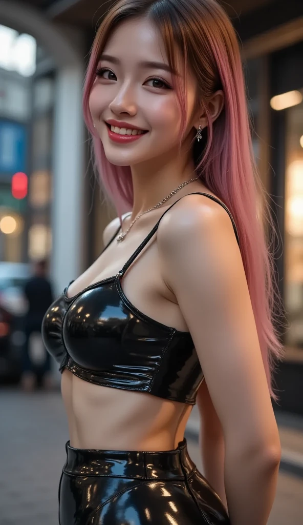 (8k, RAW photo, best quality, masterpiece:1.2), (realistic:1.3), (photorealistic:1.3), ultra-detailed, (high detailed skin:1.2), 8k uhd, dslr, soft lighting, high quality, film grain, Fujifilm XT3, best quality, beautiful lighting, 1girl, long hair, side_swept_hair, ((pink hair)), pink eyes, normal ears, smug, full body, medium breasts, exposed cleavage, outdoor, city, posing, night, thick thighs, nice legs, beautiful legs, shiny legs, teasing with legs, wet legs, mini black leather skirt, tifa, tifa lockhart, tifa outfit, tifa style