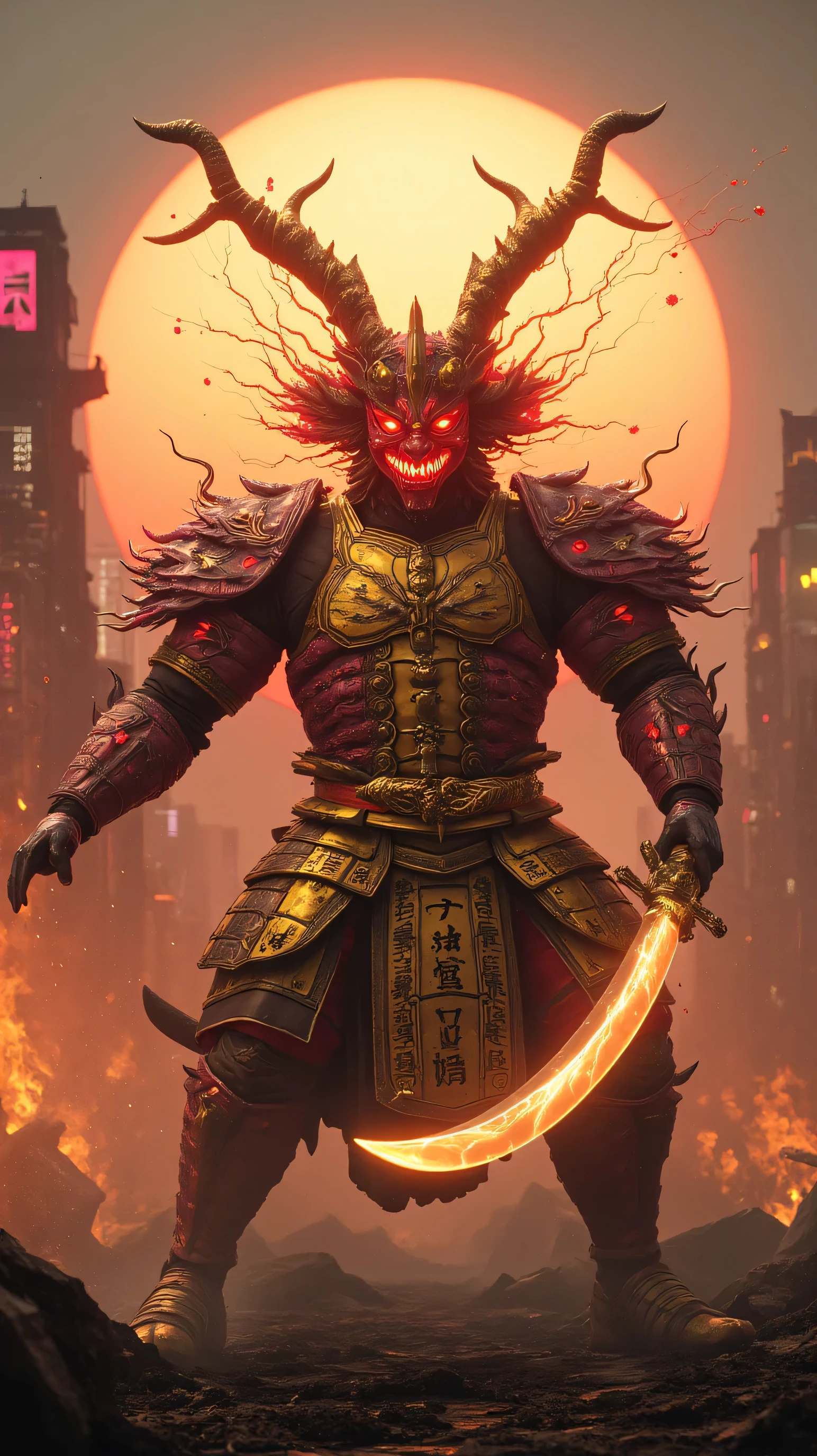 ((raw photo)), ((masterpiece)), anthropomorphic humanoid DemonKing wearing noble armor, intricate detail, futobot, intricate Greebles pieces, burning city behind,, red eyes