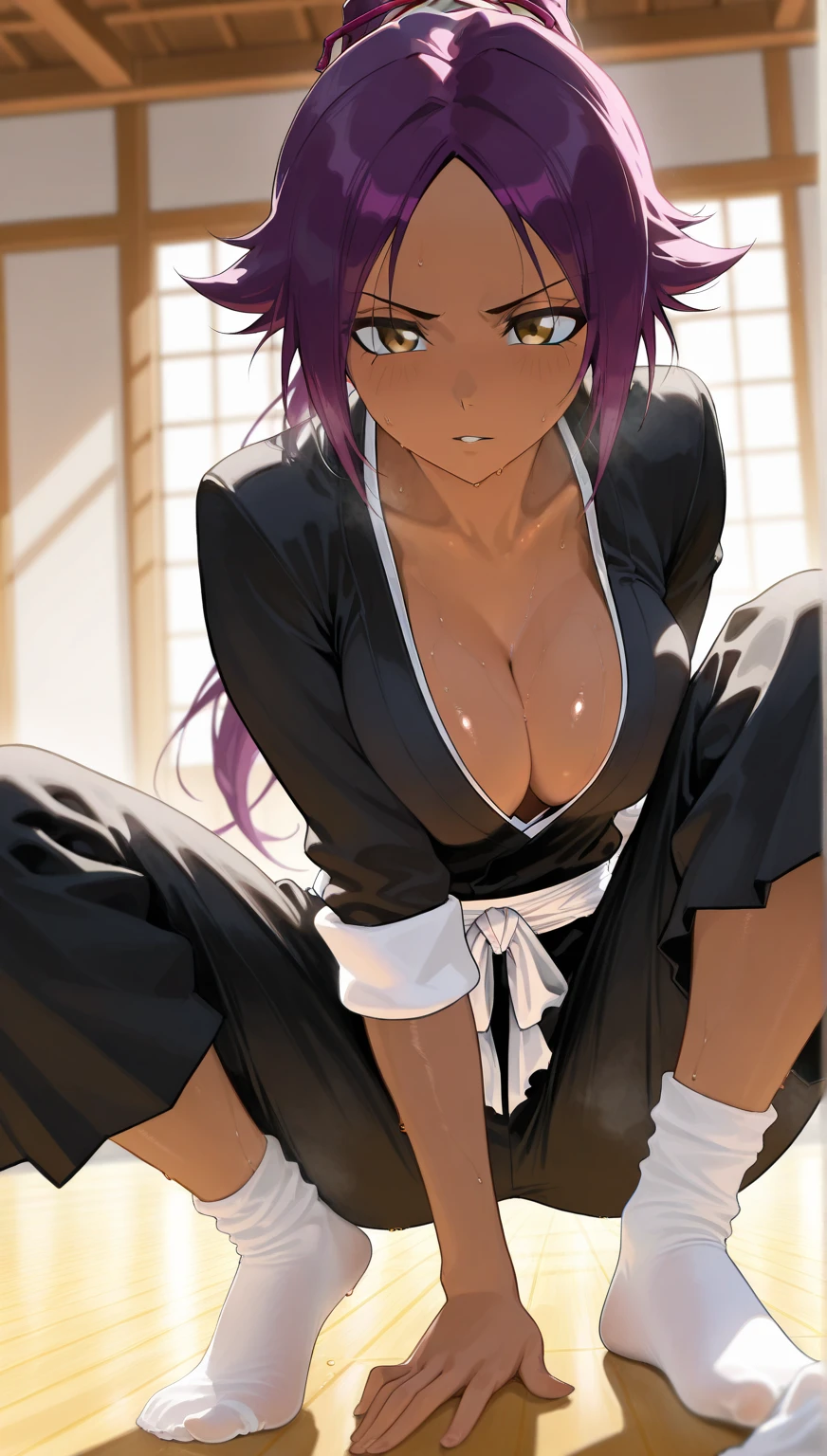 BREAK looking at viewer,BREAK (masterpiece:1.2), best quality, high resolution, unity 8k wallpaper, (illustration:0.8), (beautiful detailed eyes:1.6), extremely detailed face, perfect lighting, extremely detailed CG, (perfect hands, perfect anatomy),yoruichi shihouin, long hair, (yellow eyes:1.5),onsen,hot springs,night,ponytail, purple hair, dark skin, dark-skinned female,sexy lingerie,nipples,nipples see through,bathrobe,from above,bend over.