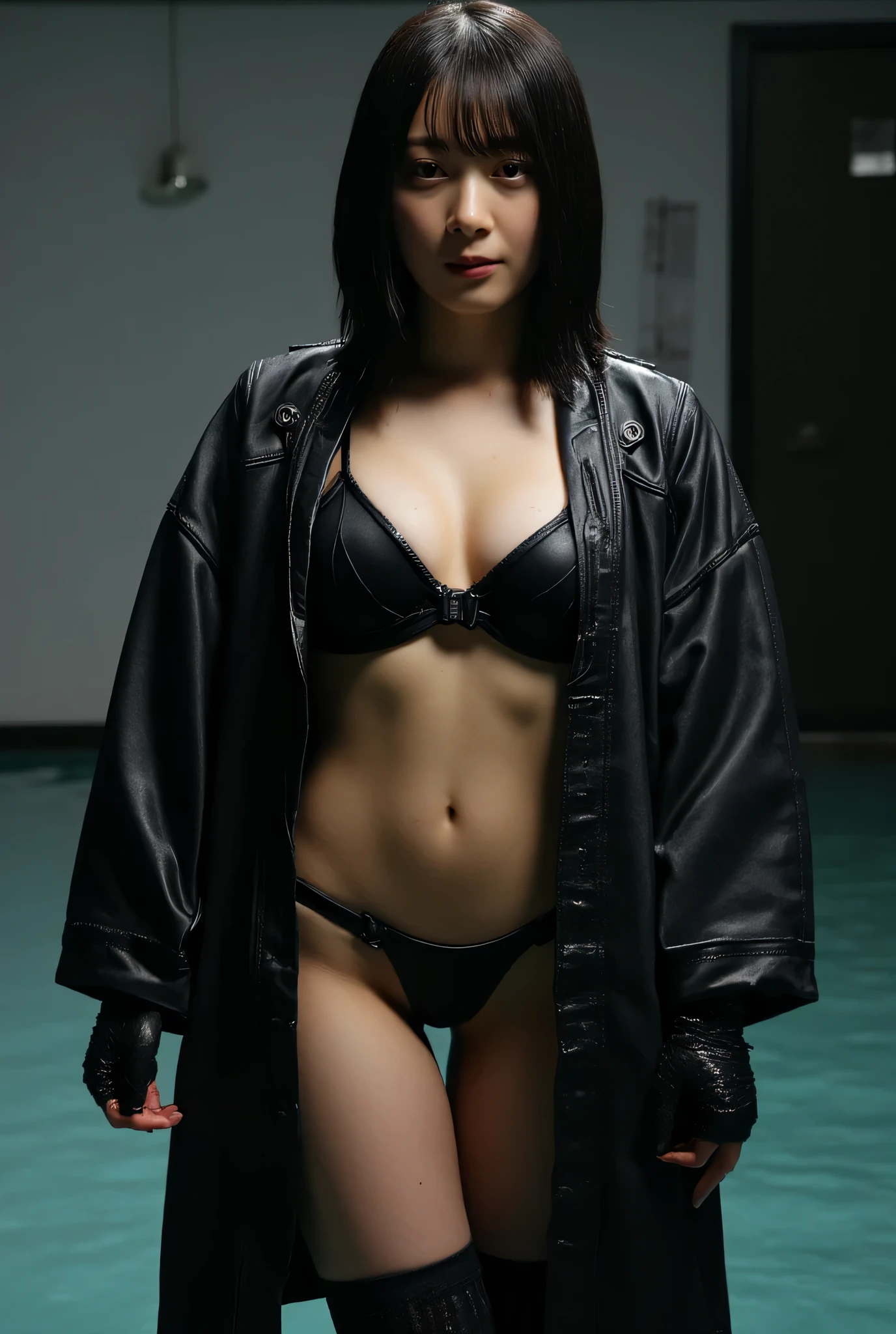 ((Slim model body type:2.0)),(((Dark Nostromo boat pool :2.0))),((( HR Gigger Style Cyberpunk Atmosphere :2.0))),(((Hold a cyberpunk-style Japanese sword:2.0))), Standing,((whole body:2.0)), one woman,( cute face),(Beautiful well-balanced face ),(( natural big breasted :2.0)),( black hair:1.5),( beautiful eyes:1.3), glamorous shot of a 20-year-old Japanese woman , Slender Beautiful Body ,(( model body type:2.0)),(( slim body with hot water:1.7)), perfect body line , Ideal Proportions ,((underboob:2.0)),(( big breasts:2.0)),((F cup breasts:1.5)),Big Breasts,Bare thighs, sensual thighs, delicate body,( Muscular:1.5),A harmonious posture,(Realistic breast depiction :1.5),(Realistic depiction of areolas:1.3), carefully depicting limbs based on perfect anatomy,((Futuristic Samurai Style Black Micro Bikinis :2.0)),((black fundoshi:2.0)),(( Samurai Kimono Style Military Coat with Front Open Over Micro Bikinis:1.7)),(ear monitor:1.5),((Tactical Holster:1.5)),( gloves:1.3), Concept Art,( top quality:1.5),( Masterpiece:1.5),(Super high resolution),resolution,UHD,( delicate depiction), carefully drawn with butterfly wings ,32K,(( realistic skin texture:1.5)),((( super realistic :1.5))), eyelashes, Highly Detailed Face,Highly detailed female hand,Sexy appearance,Very sensual,(Blurry Dim Backgrounds :1.5), Professional Photoshoot,( Movie Lighting:2.0),(( Blade Runner Style Lights :2.0))