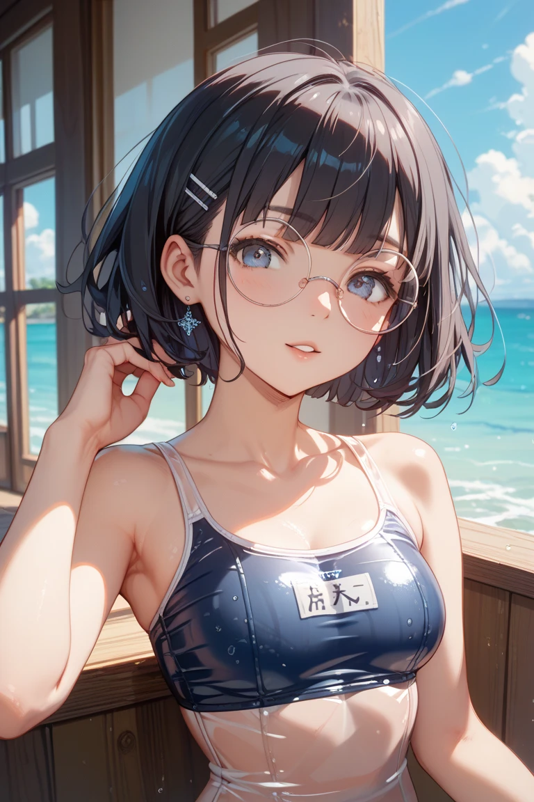{ masterpiece : Highest quality : Detailed face : High resolution : Lips Detail : unity 8k wallpaper : 3D realistic illustration } { background = Beach } { : short hair : : Perfect Slender Body : 完璧な形のchest : Glasses :One piece swimsuit ::chest〜Swimsuit with fabric around the neck: : } Very small：Low length：