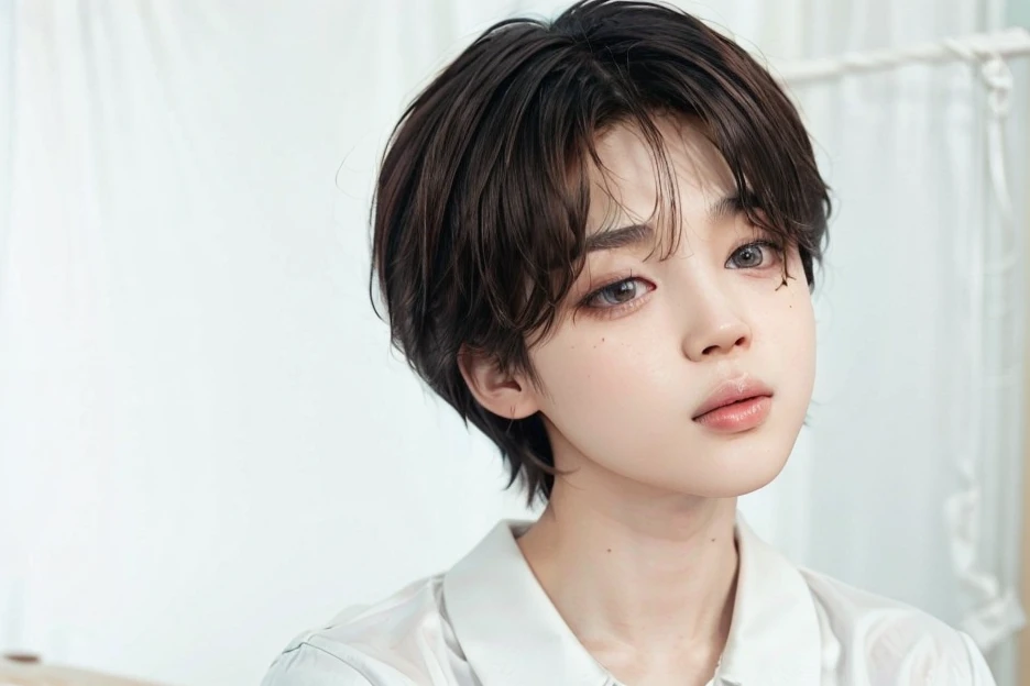 Arafa woman with colored hair sitting at a table, jung jaehyun, adorable and pale korean face, ulzzang inteligente, Kim Doyoung, with short hair, jossi do blackpink, Hong Jun Hyung, Tae June Kim, ulzzang, the hime cut, Jaeyeon Nam, xqc, park jimin, tomboy short platinum hair