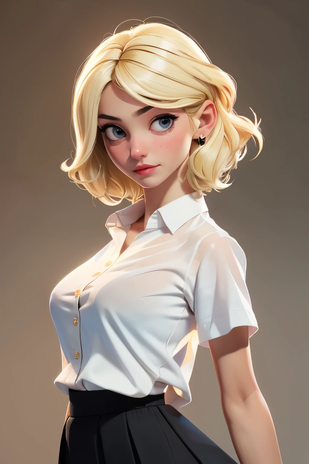 (masterpiece:1.3), (best quality:1.2), intricate details, (highly detailed skin:1.2), c4m3r0nd-v2, (1girl:1.2), large breasts, realistic, highres, beauty photo, tear drop boobs, from above, cool mood, (wearing white shirt and black skirt:1.3), short hair , (blond haircolor:1.3), Hourglass-Petite body shape, fill lighting, fcDetailPortrait, (tilted head:1.4), (sexy pose:1.3),