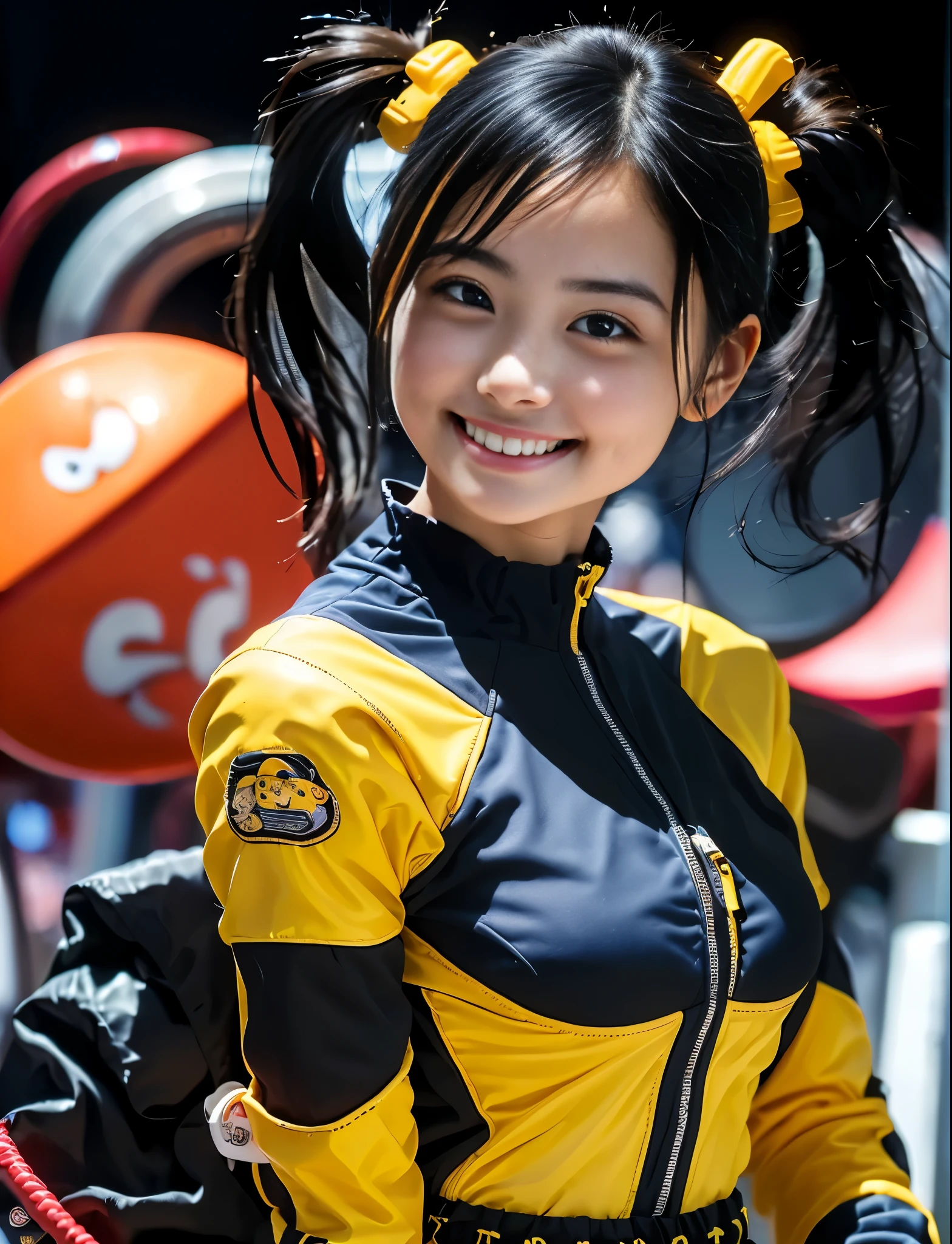 (8k、Raw photography、highest quality、masterpiece:1.2),(Black Hair、Dark Eyes:1.9),(High Ponytail:1.4)、View your audience,Viewed from the front,White skin,(Blue and yellow superhero suit:1.5)、(Tight waist:1.6)、(Clothes that accentuate the shape of the breasts:1.0)、(Big Breasts :1.3)、Slim figure、Ultra-high resolution,beautiful,beautiful fece,(one person、No background:1.9),whole bodyボディー,Japanese women,(reality的:1.37)、Photon Mapping,reality、(Baby-faced and cute: 1.5)、(Cute Smile: 1.8)、(Round face: 1.8)、Radio City、Physically Based Rendering、Depth of field rally background、photograph, (I can see your knees、Thigh close-up:1.8),(Camel Toe:1.6),whole body、Great quality