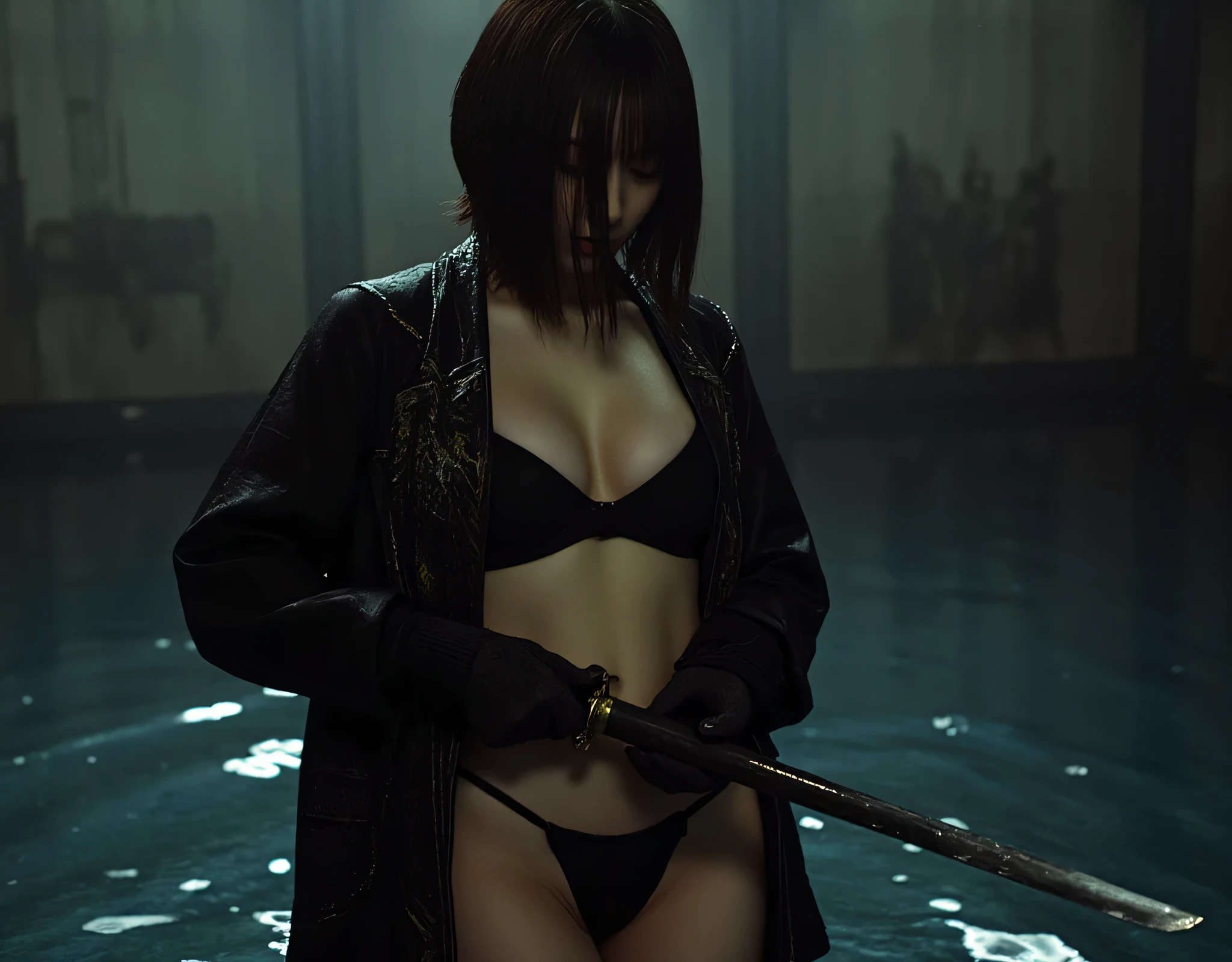 ((Slim model body type:2.0)),(((Dark Nostromo boat pool :2.0))),((( HR Gigger Style Cyberpunk Atmosphere :2.0))),(((Hold a cyberpunk-style Japanese sword:2.0))), Standing,((whole body:2.0)), one woman,( cute face),(Beautiful well-balanced face ),(( natural big breasted :2.0)),( black hair:1.5),( beautiful eyes:1.3), glamorous shot of a 20-year-old Japanese woman , Slender Beautiful Body ,(( model body type:2.0)),(( slim body with hot water:1.7)), perfect body line , Ideal Proportions ,((underboob:2.0)),(( big breasts:2.0)),((F cup breasts:1.5)),Big Breasts,Bare thighs, sensual thighs, delicate body,( Muscular:1.5),A harmonious posture,(Realistic breast depiction :1.5),(Realistic depiction of areolas:1.3), carefully depicting limbs based on perfect anatomy,((Futuristic Samurai Style Black Micro Bikinis :2.0)),((black fundoshi:2.0)),(( Samurai Kimono Style Military Coat with Front Open Over Micro Bikinis:1.7)),(ear monitor:1.5),((Tactical Holster:1.5)),( gloves:1.3), Concept Art,( top quality:1.5),( Masterpiece:1.5),(Super high resolution),resolution,UHD,( delicate depiction), carefully drawn with butterfly wings ,32K,(( realistic skin texture:1.5)),((( super realistic :1.5))), eyelashes, Highly Detailed Face,Highly detailed female hand,Sexy appearance,Very sensual,(Blurry Dim Backgrounds :1.5), Professional Photoshoot,( Movie Lighting:2.0),(( Blade Runner Style Lights :2.0))