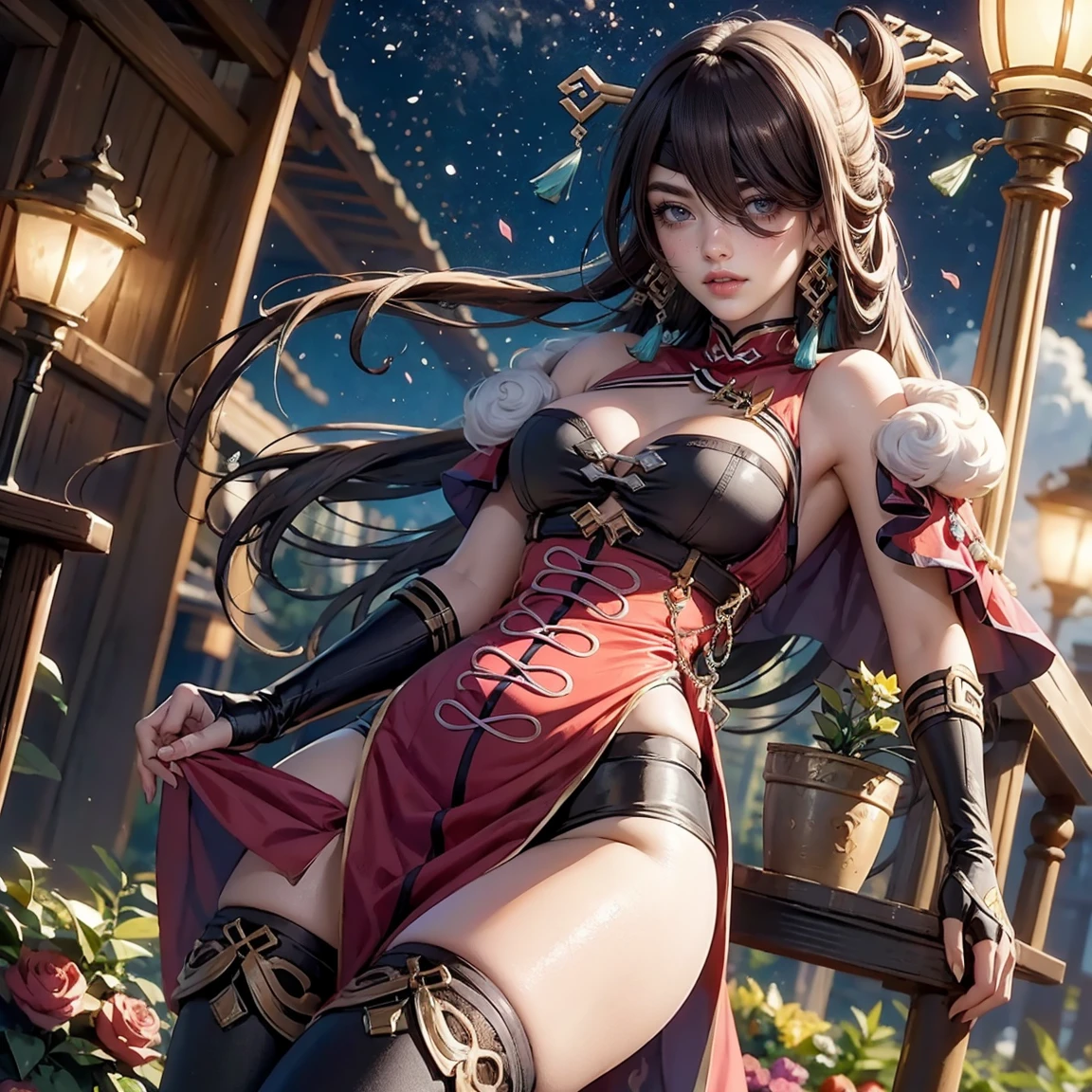 ((Realistic lighting, melhor qualidade, 8k, obra de arte: 1.3)), Foco claro: 1.2, Eliza From Tekken, figura perfeita: 1.4, Abdominais magros: 1.1, ((cabelo curtos escuro)), (blusinha com decote: 1.4), (de sainha curta preta), (ar livre, noite: 1.1), ruas da cidade, Rosto super fino, belos olhos, Palpebras duplas