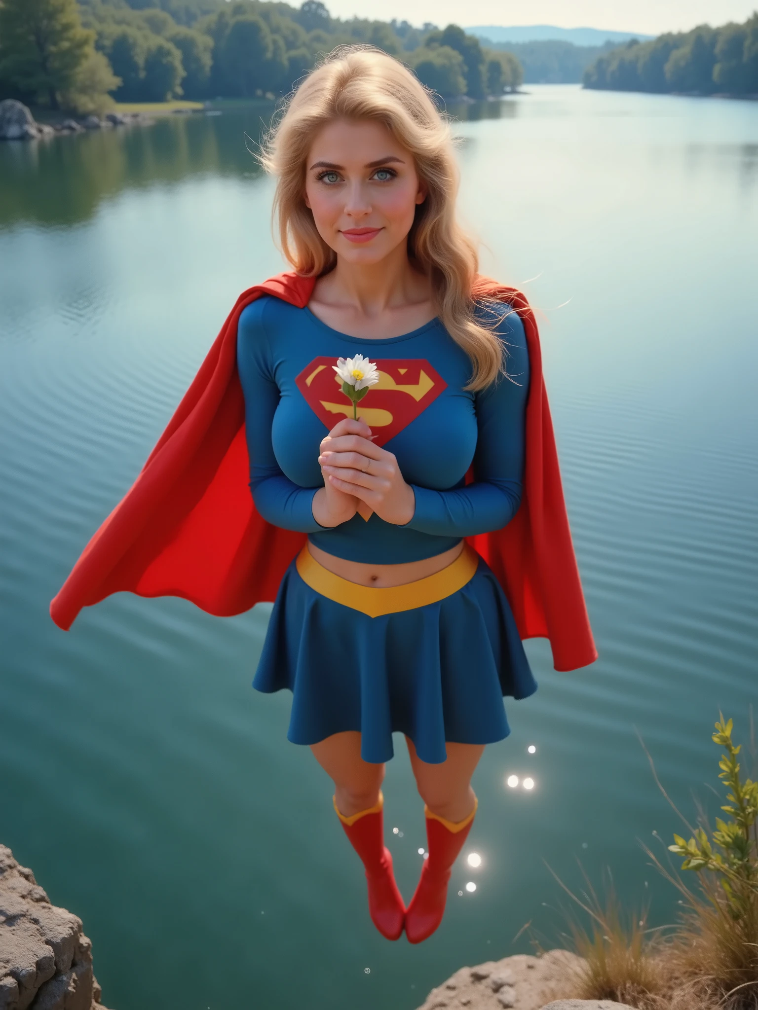 (DREAMY LIGHT BLUE EYES) A SEXY CUTE HELEN SLATER WITH LIGHT BLUE EYES AND AUBURN HAIR WEARING A LONG SLEEVE BLUE CROP TOP WITH A "S" EMBLEM AND GOLD TRIM ON THE SLEEVES, A SHORT BLUE PLEATED SKIRT WITH A GOLD SUPERMAN BELT, A PAIR OF TALL RED SUPERGIRL BOOTS WITH GOLD TRIM, AND A LONG RED CAPE. Smile, High Resolution, Detail, High Details, Super Detailed, Textured Skin, Retina, 8K High Quality. LAKE BACKGROUND, HOVERING ABOVE THE LAKE WITH HER BOOTS POINTING DOWN HOLDING A DELICATE FLOWER.