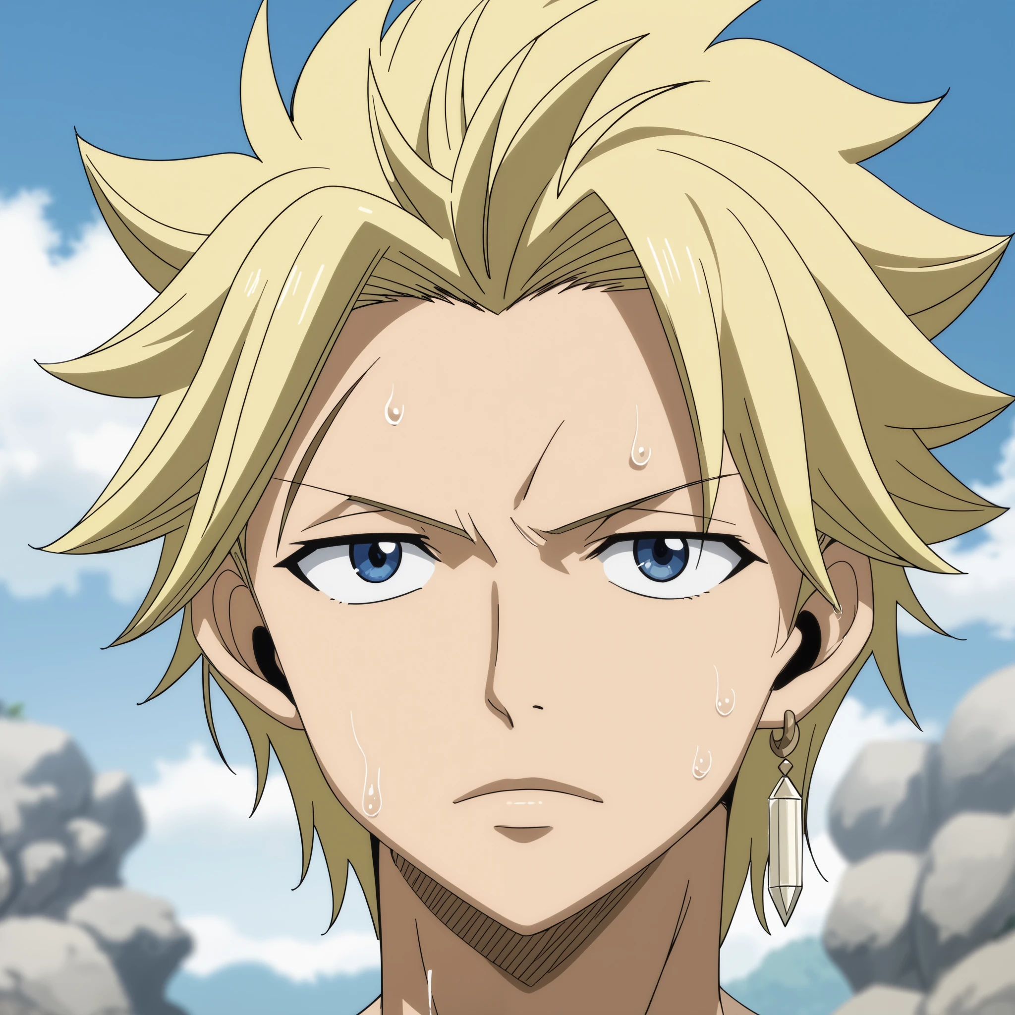 score_9, score_8_up, score_7_up, source_anime, rating_safe, StingFT, Sting leads blonde hair, light yellow Sting single earring, 1boy, male focus, anime screencap, swiming, wet hair and wet body, best quality, official style, depth of field, front view, frontal portrait, close-up, looking at viewer, sky background with soft shadows, soft blue lighting highlighting his features, high-quality anime details, vivid colors, official style, front view, frontal portrait, close-up, looking at viewer, sky background with soft shadows, soft blue lighting highlighting his features, high-quality anime details, vivid colors,