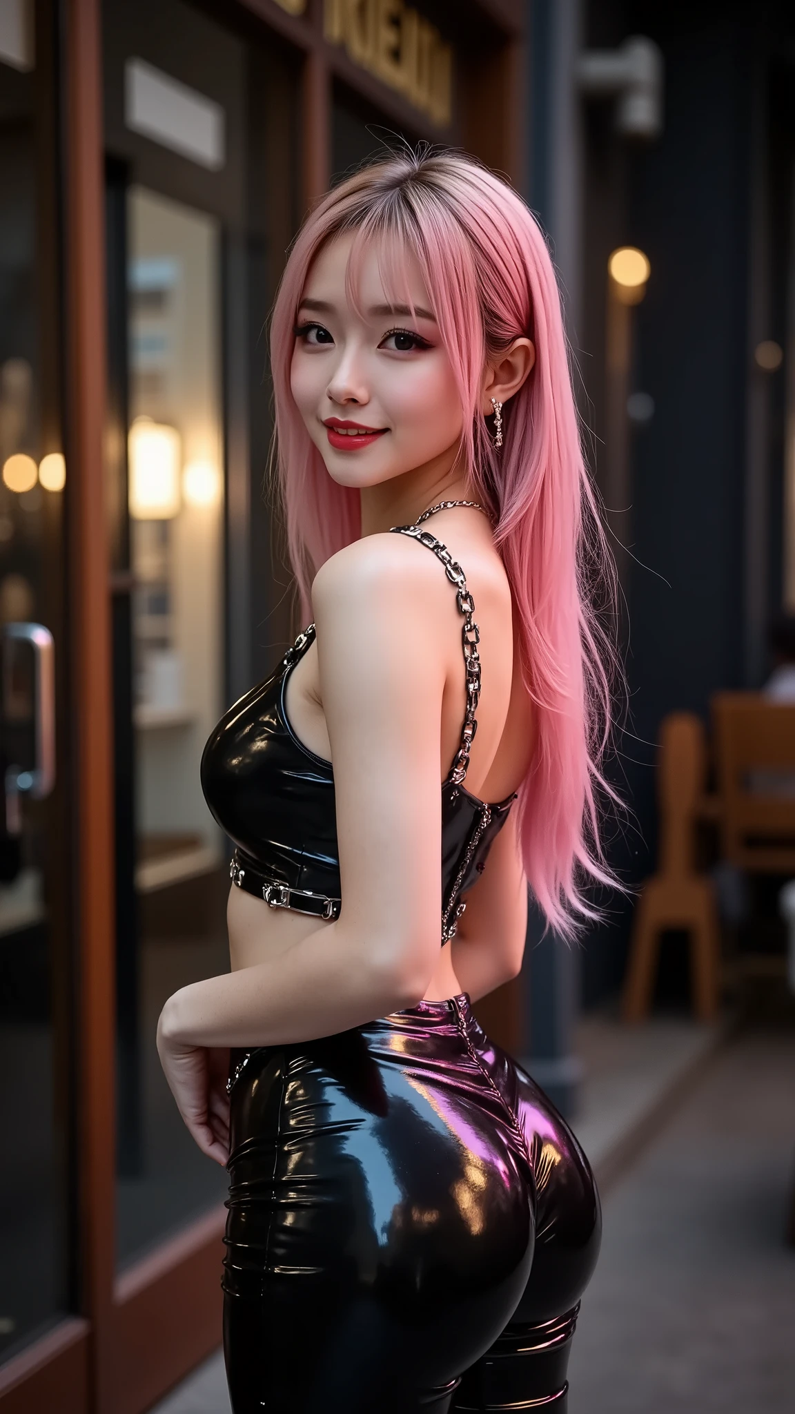 Realistic ((Photorealistic realism)),((high resolution)),((ultra insanel quality, professional extremely detailed digital art)), ((focus on extremely Realistic Proportion Body:1.3)), ((portrait)),((a cute and very beautiful, 1 Japanese, 30yo, famous Kpop idol:1.35)), (ultra realistic texture details: velvety skin, hair),((extremely beautiful face)), (intricate detail face), ((Hyper details realistic black_eyes:1.35)), ((finely details pupils:1.3)), ((detailed symmetrical lips:1.3)), (pink_lipstick:1.3), ((long eyelashes:1.4)), ((perfect dark_eyeshadows:1.4)), (Detailed nose:1.2), (perfect composition), ((pale skin)),((focus on the face, open mouth, joyful expression)),perfect female body,(Beautiful long legs in good style:1.3),((no bra, no panties:1.3)), (medium butt),(skinny body build),(perfect hot model body:1.4),((slim belly: 1.2)),(muscular body),((long pink stylish hair:1.3), extremely detailed:1.23), dressed in a slave outfit (made of latex:1.3), (dressed in cropped top (latec with chains:1.3)),long pants (tight black latex:1.4)., Depth of field, cinematic light, Lens flare, dslr, best high quality soft lighting, sharp focus captured by Fujifilm XT3, f 5.6, in a dramatic lighting, ((turn back, back shot in ass:1.33)),((from below:1.32)),(show high exposed thighs:1.3),((full body shot:1.3))