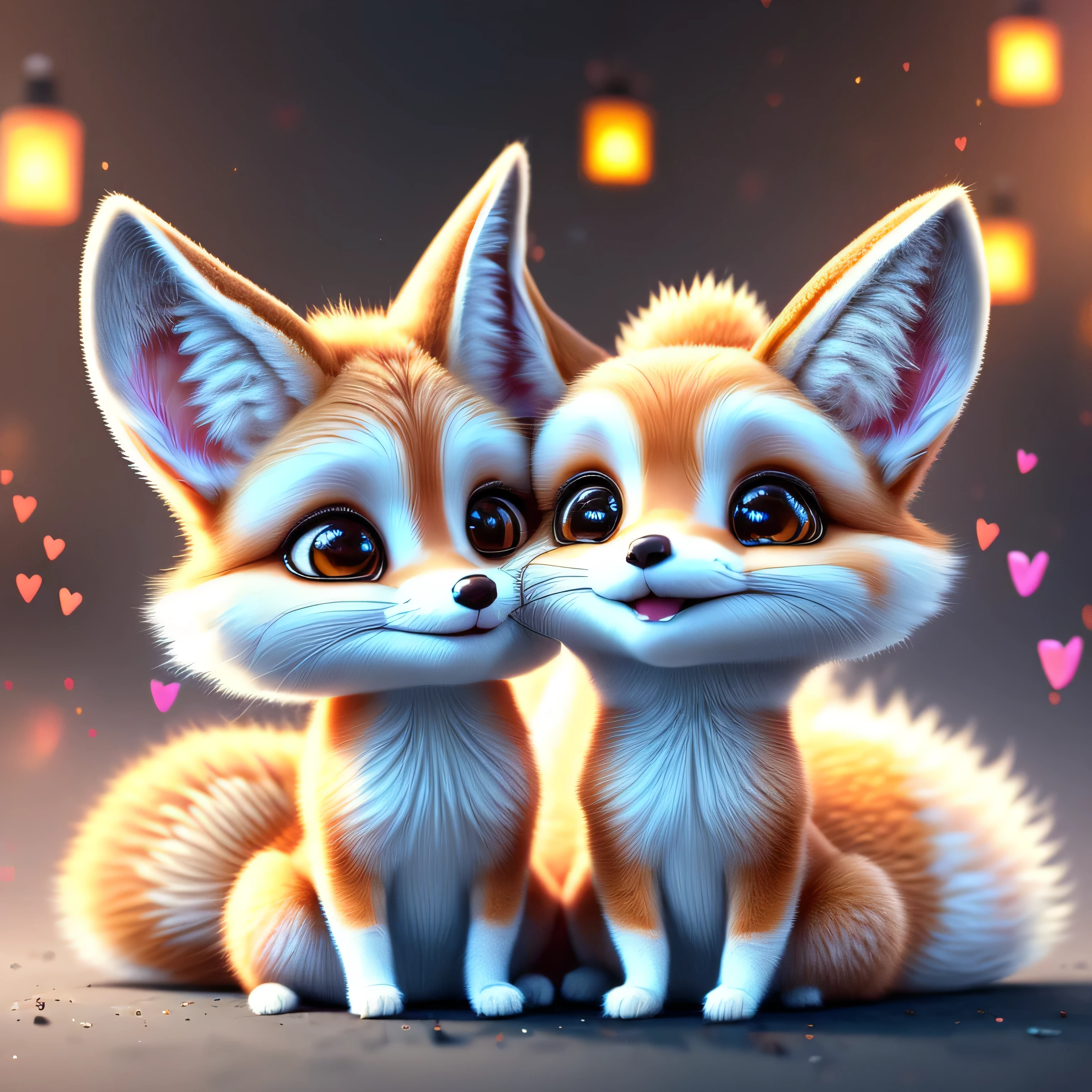 Hyperrealism airbrush acrylic illustration. Two animals with cute, adorable appearance. One is a playful and perky black fennec fox with big ears. It has big happy eyes, stretched out front paws, forming a heart, creating a sense of fun and mischief. The second is a cute and fluffy pink fennec fox with big ears. She also has big expressive eyes, and she stretches out her front paws, forming a heart together with the black fennec.magical background with hearts bokeh, Octane Rendering, Grain, Noise, Conceptual Art, Detailed Painting, Digital Illustration, Hyper-Detailed Fantasy Art, Digital 3D Art, Sharp Focus, Masterpiece, Fine Art