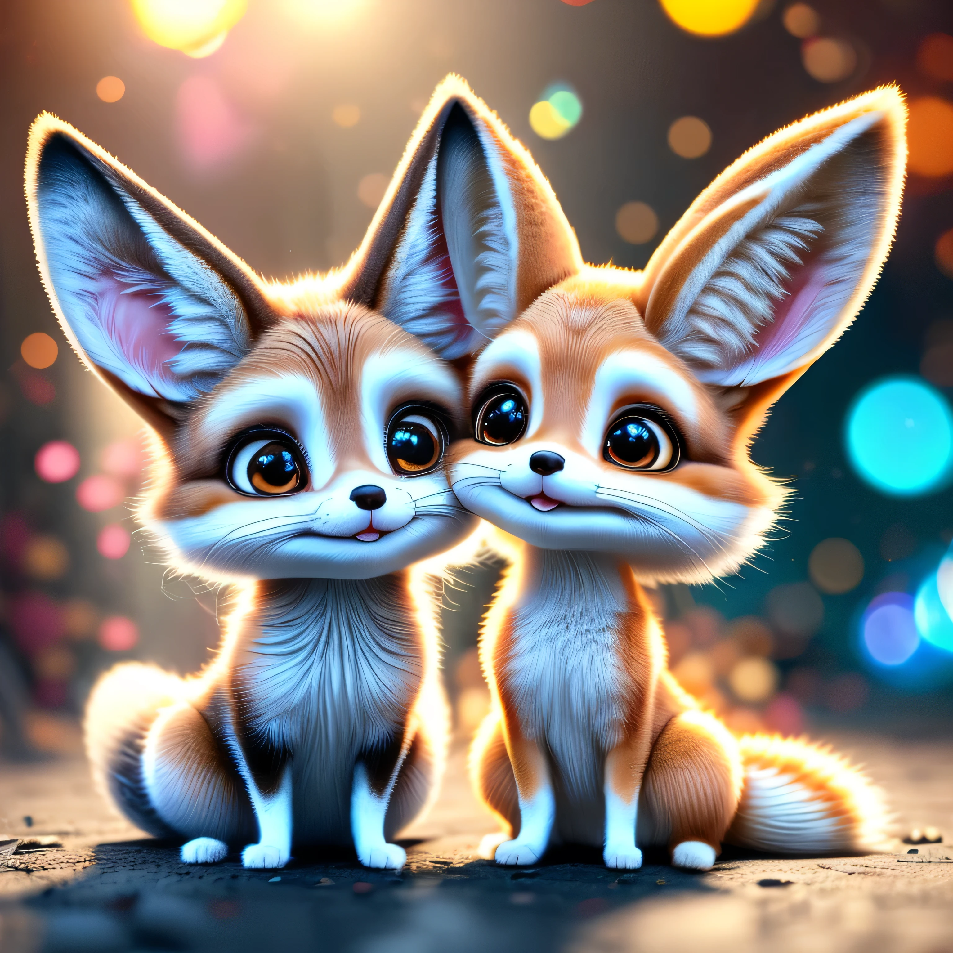 Hyperrealism airbrush watercolor acrylic illustration. Two animals with cute, adorable appearance. One is a playful and perky black fennec fox with big ears. It has big happy eyes, stretched out front paws, forming a heart, creating a sense of fun and mischief. The second is a cute and fluffy pink fennec fox with big ears. She also has big expressive eyes, and she stretches out her front paws, forming a heart together with the black fennec.magical background with hearts bokeh