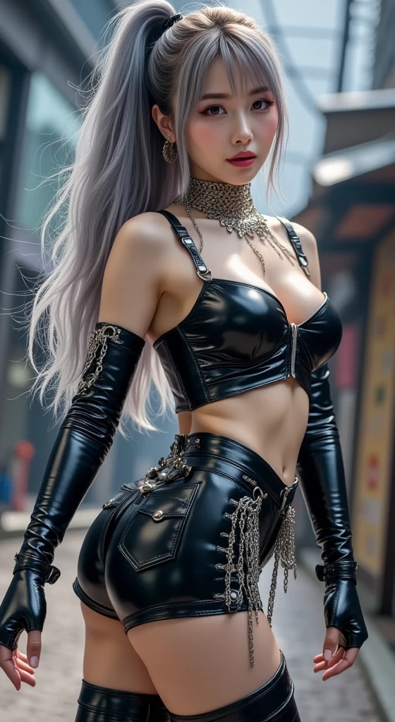 1 female,golden hair,25 years old,(((blue shiny micro tight skirt)))((white tank top))(((blush、open mouth smile)),(((straight hair))),(((portrait))),crowd,,(wet with sweat)(sexy black bra and see-through tank top)()(((small breasts)))leather thigh high boots