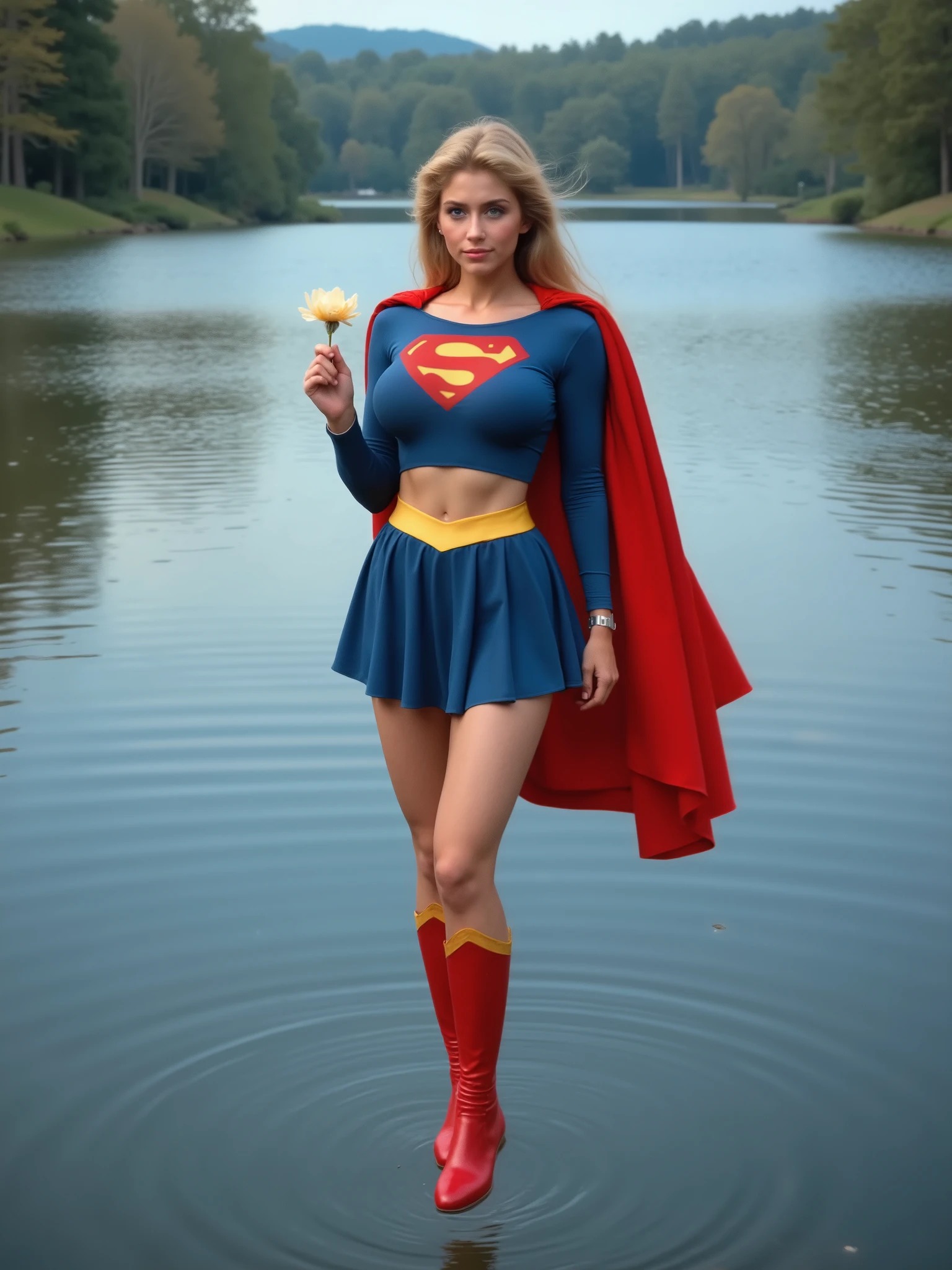 (DREAMY LIGHT BLUE EYES) A SEXY CUTE HELEN SLATER WITH LIGHT BLUE EYES AND AUBURN HAIR WEARING A LONG SLEEVE BLUE CROP TOP WITH A "S" EMBLEM AND GOLD TRIM ON THE SLEEVES, A SHORT BLUE PLEATED SKIRT WITH A GOLD SUPERMAN BELT, A PAIR OF TALL RED SUPERGIRL BOOTS WITH GOLD TRIM, AND A LONG RED CAPE. Smile, High Resolution, Detail, High Details, Super Detailed, Textured Skin, Retina, 8K High Quality. LAKE BACKGROUND, HOVERING ABOVE THE LAKE WITH HER BOOTS POINTING DOWN HOLDING A DELICATE FLOWER.