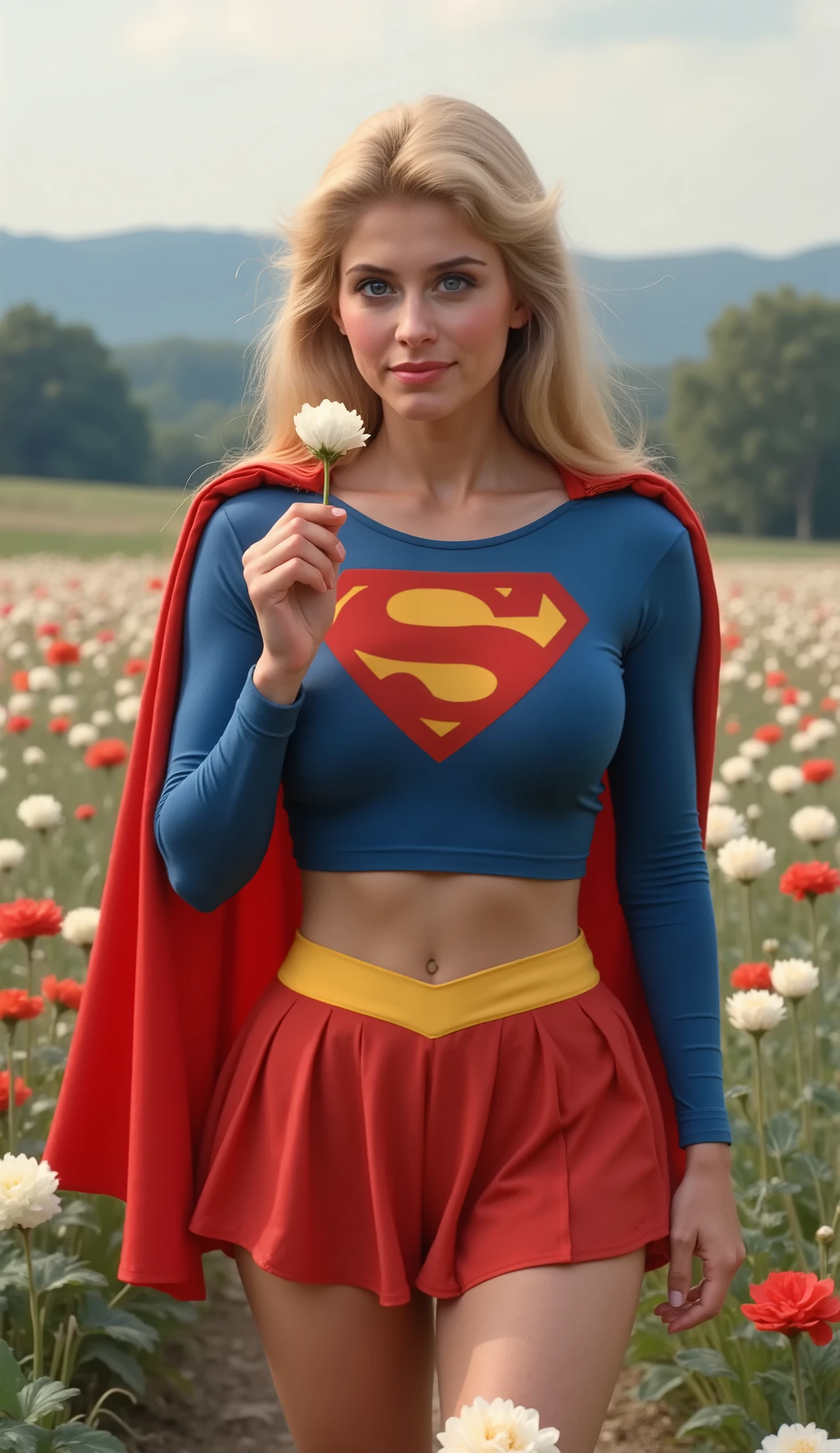 (DREAMY BLUE EYES) HELEN SLATER A SEXY MATURE CUTE HELEN SLATER WITH BLUE EYES AND LONG BLONDE HAIR WEARING A LONG SLEEVE BLUE CROP TOP WITH A "S" EMBLEM AND GOLD TRIM ON THE SLEEVES, A SHORT RED PLEATED SKIRT WITH A GOLD SUPERGIRL BELT, A PAIR OF TALL RED BOOTS WITH GOLD TRIM, AND A LONG RED CAPE. Smile, High Resolution, Detail, High Details, Super Detailed, Textured Skin, Retina, High Quality. WALKING THROUGH A FIELD OF FLOWERS AS HER CAPE GRACEULLY DRAPES BEHIND HER. HOLDING A DELICATE FLOWER UP TO HER NOSE.
