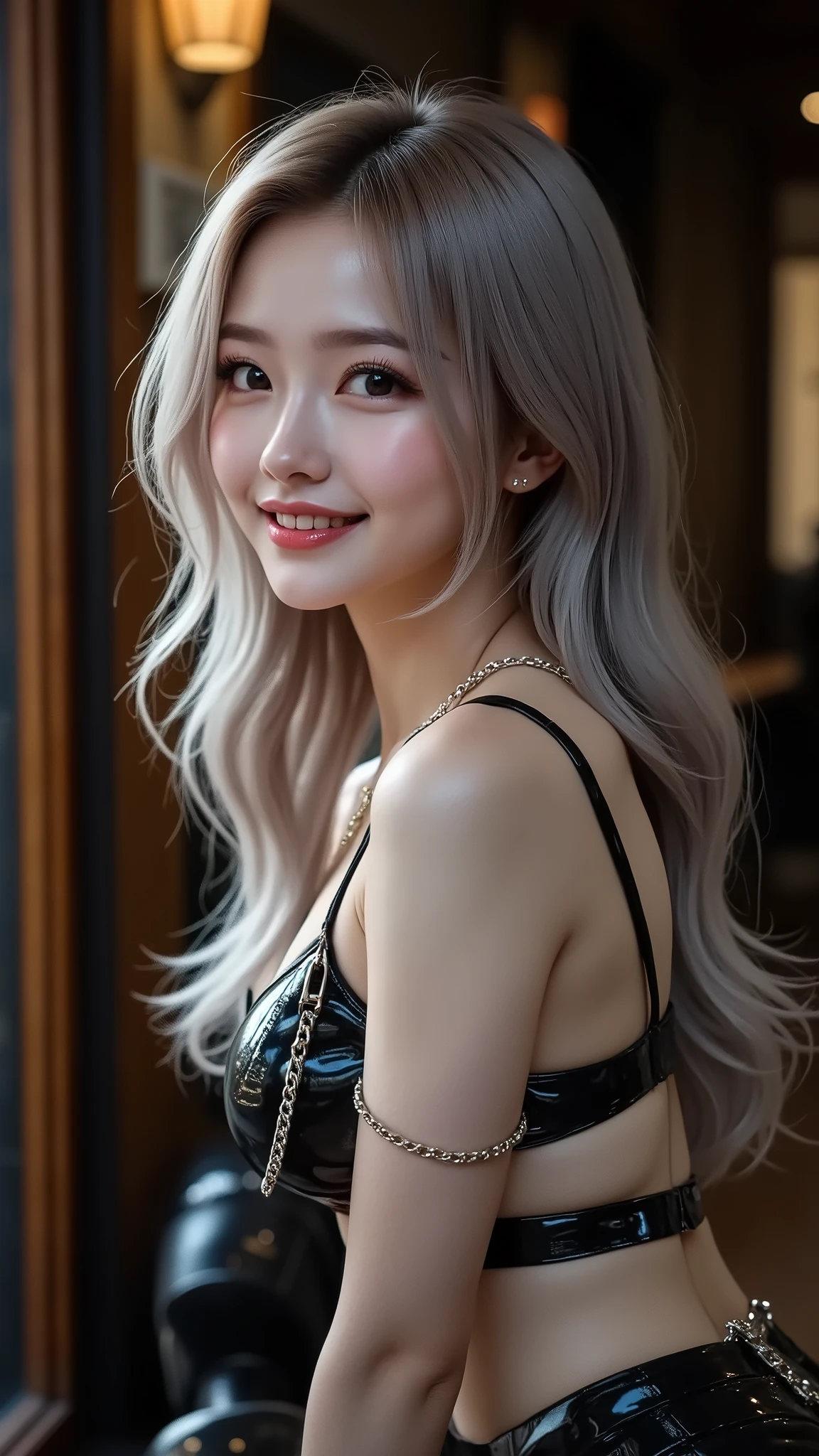 Realistic ((Photorealistic realism)),((high resolution)),((ultra insanel quality, professional extremely detailed digital art)), ((focus on extremely Realistic Proportion Body:1.3)), ((portrait)),((a cute and very beautiful, 1 Japanese, 30yo, famous Kpop idol:1.35)), (ultra realistic texture details: velvety skin, hair),((extremely beautiful face)), (intricate detail face), ((Hyper details realistic black_eyes:1.35)), ((finely details pupils:1.3)), ((detailed symmetrical lips:1.3)), (pink_lipstick:1.3), ((long eyelashes:1.4)), ((perfect dark_eyeshadows:1.4)), (Detailed nose:1.2), (perfect composition), ((pale skin)),((focus on the face, open mouth, joyful expression)),perfect female body,(Beautiful long legs in good style:1.3),((no bra, no panties:1.3)), (medium butt),(skinny body build),(perfect hot model body:1.4),((slim belly: 1.2)),(muscular body),((long silver stylish hair:1.3), intricate details:1.32), dressed in a slave outfit (made of latex:1.3), (dressed in cropped top (latec with chains:1.3)),long pants (tight black latex:1.4)., Depth of field, cinematic light, Lens flare, dslr, best high quality soft lighting, sharp focus captured by Fujifilm XT3, f 5.6, in a dramatic lighting, ((turn back, back shot in ass:1.33)),((from below:1.32)),(show high exposed thighs:1.3),((full body shot:1.3))