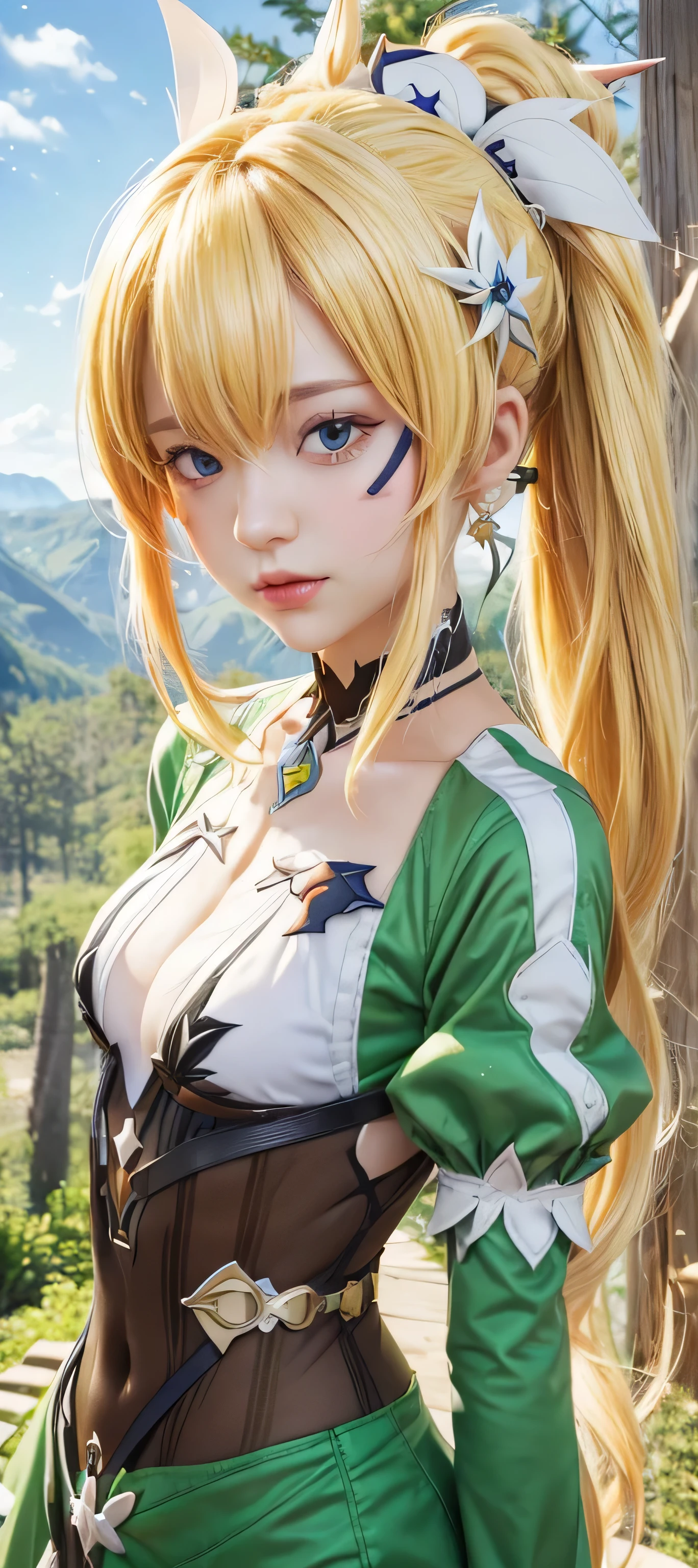 masterpiece, best quality, (realistic,photo-realistic:1.4), (RAW photo:1.2), extremely detailed CG unity 8k wallpaper, delicate and beautiful, amazing,finely detail, official art, absurdres, incredibly absurdres, huge filesize, ultra-detailed,extremely detailed eyes and face,light on face,(blonde hair:1.4),(long hair:1.4),(nature background:1.5),nature background,(hair ornament:1.4),(forest:1.5),(wearing honkai impact outfit:1.5)