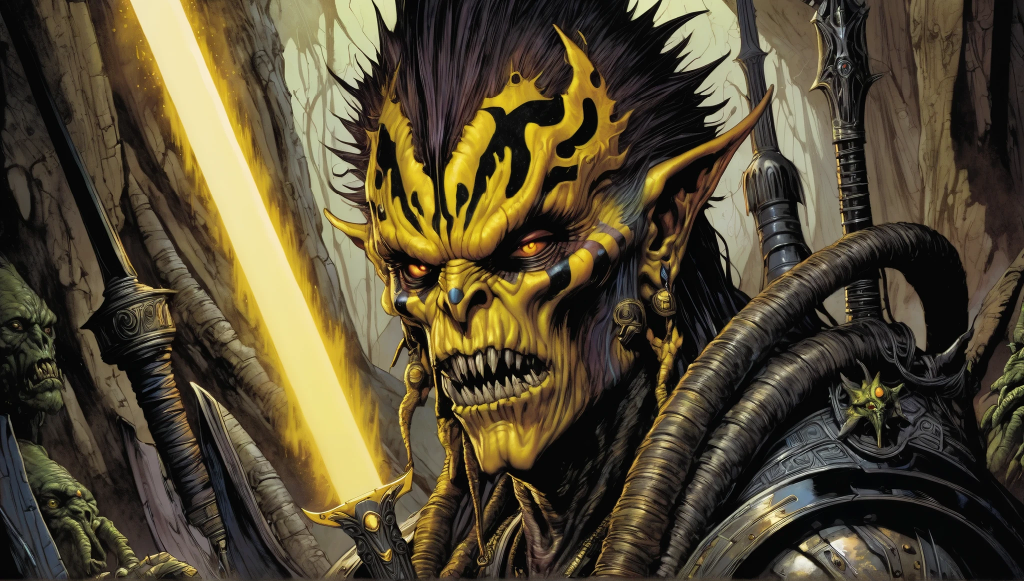 there is a drawing of a demon with a sword in his hand, epic full color illustration, hastur the king in yellow, nute gunray, mark brooks detailed, inspired by Paul Pelletier, style of simon bisley, david finch, geoff darrow, inspired by Zoltan Boros, jason fabok. greg staples, painting by dan mumford