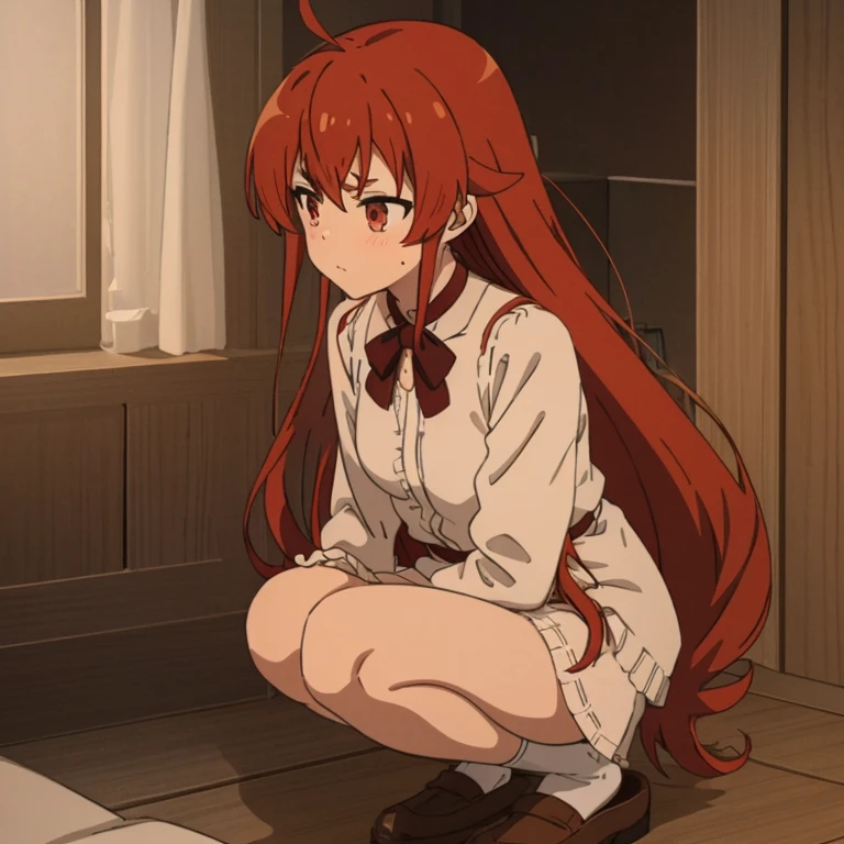 Eris,1 girl,Red hair，blush,Smiling  ，Small Breasts,Wing collar,Open collar,Collared shirt,White dress shirt,brown cardigan sweater,Buttons,puffy long sleeves,Purple pleated miniskirt,White loose socks, Blue footwear,slippers, ((Squat, spread your legs)),white panties,