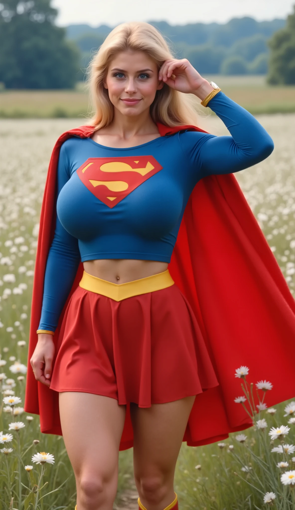 (DREAMY BLUE EYES) HELEN SLATER A SEXY MATURE CUTE HELEN SLATER WITH BLUE EYES AND LONG BLONDE HAIR WEARING A LONG SLEEVE BLUE CROP TOP WITH A "S" EMBLEM AND GOLD TRIM ON THE SLEEVES, A SHORT RED PLEATED SKIRT WITH A GOLD SUPERGIRL BELT, A PAIR OF TALL RED BOOTS WITH GOLD TRIM, AND A LONG RED CAPE. Smile, High Resolution, Detail, High Details, Super Detailed, Textured Skin, Retina, High Quality. WALKING THROUGH A FIELD OF FLOWERS AS HER CAPE GRACEULLY DRAPES BEHIND HER. FLEXING HER ARM MUSCLES.