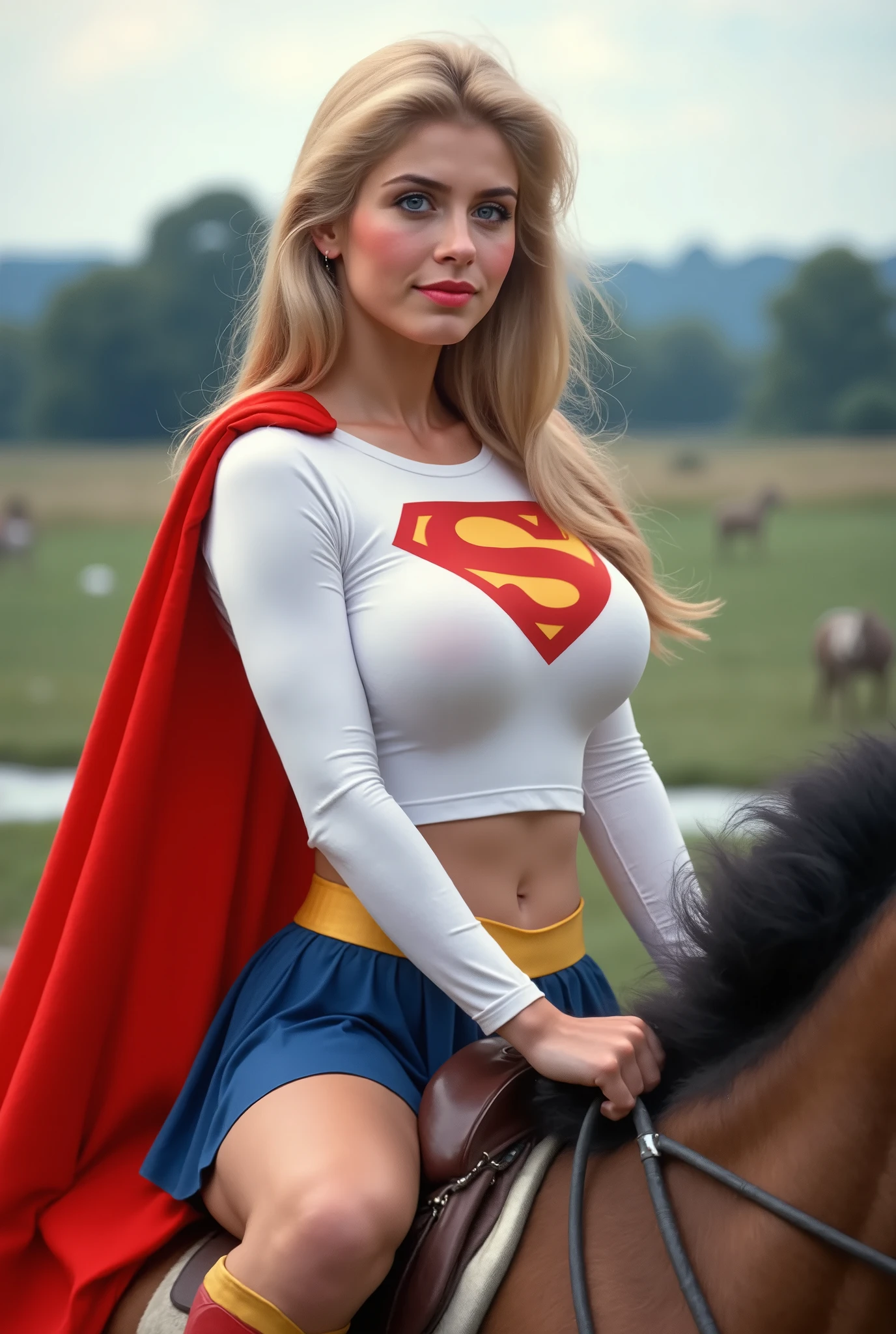 (DREAMY BLUE EYES) HELEN SLATER A SEXY MATURE CUTE HELEN SLATER WITH BLUE EYES AND LONG BLONDE HAIR WEARING A LONG SLEEVE WHITE CROP TOP WITH A "S" EMBLEM, AND GOLD TRIM ON THE SLEEVES, A SHORT BLUE PLEATED SKIRT WITH A YELLOW SUPERMAN BELT, A PAIR OF TALL RED SUPERGIRL BOOTS WITH YELLOW TRIM, AND A LONG REED SUPERGIRL CAPE. Smile, High Resolution, Detail, High Details, Super Detailed, Textured Skin, Retina, High Quality. ON THE KENT FARM RIDING HER HORSE.