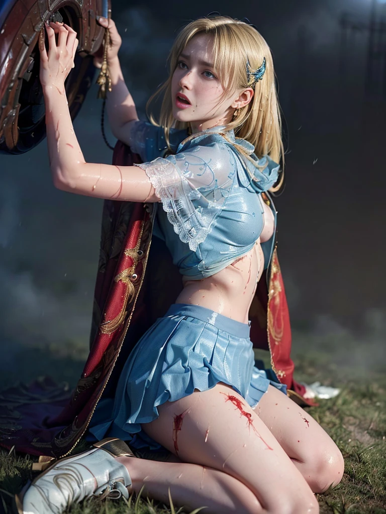(msterpiece:1.3), (8k, RAW photo, best quality: 1.4), beautiful face, beautiful hairstyle, beautiful detailed eyes, beautiful skin, absurdres, attractive, ultra high res, highly detailed,NSFW, 3 girls in abandoned underground basement, big breast,facial close up,necklace,arms behind back,evil smile,knife,light long hair, ultra detailed skin,Heavy makeup, flower hairpin, naked,colorful patterned JK, dirty ground,lying on a rock,bondage,dirty rock,half body,