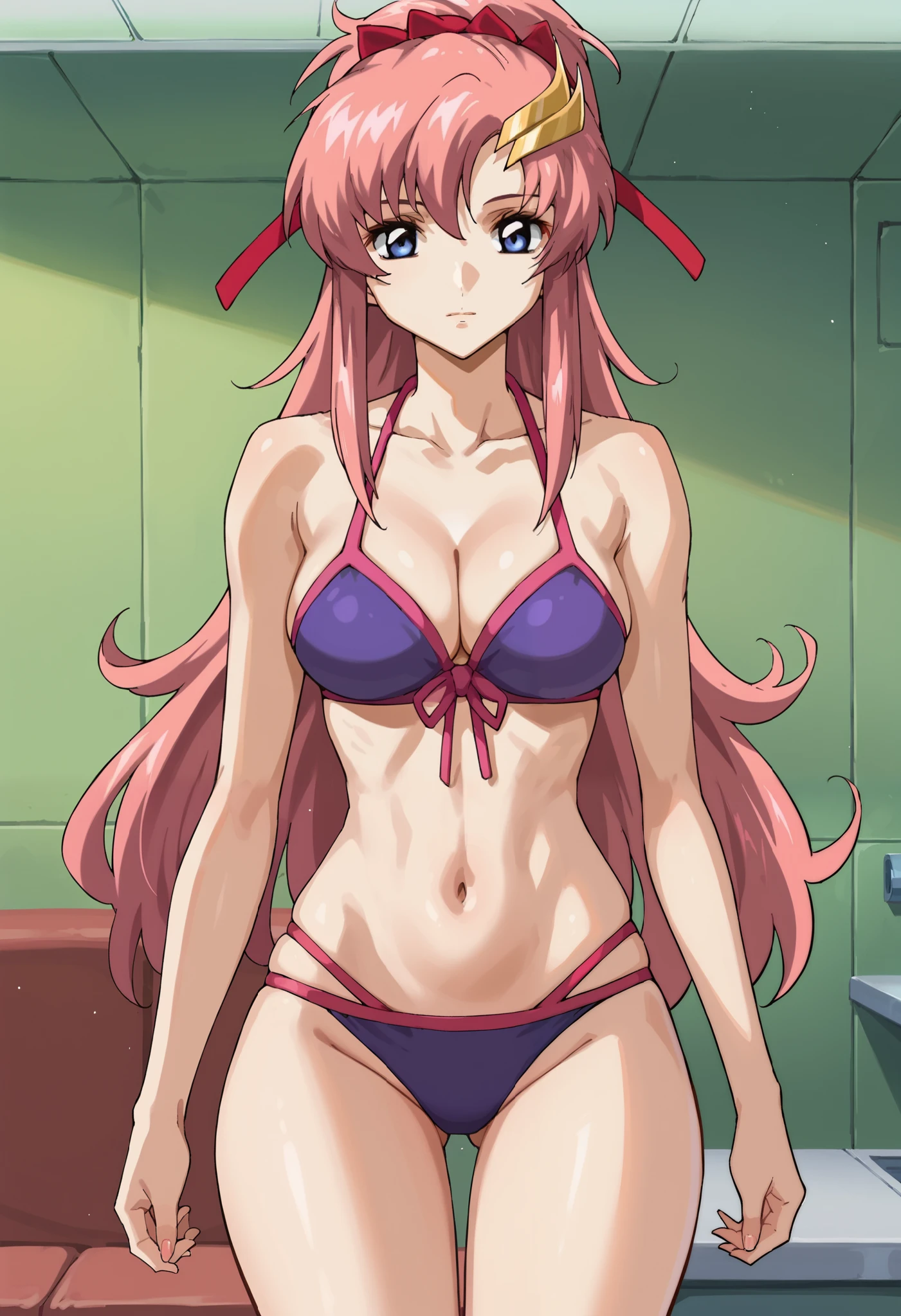 score_9,score_8_up,score_7_up,score_6_up,score_5_up,score_4_up,anime coloring,source_anime,anime,lacusmeer,1girl,solo,blue eyes,pink hair,long hair,ponytail,sidelocks,moon hair ornament,red hair ribbon, standing,indoors,looking_at_viewer, (cleavage:1.1),(bare arms:1.4), (medium breasts:1.3), (bikini:1.3), (thighs:1.3), (curvy body:1.3), (curvy body:1.3), (thick arms:1.5)