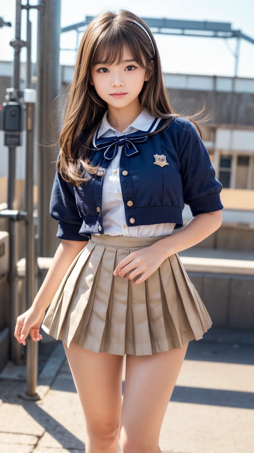 (((masterpiece))), (one beautiful japanese girl, classmate, innocence，cute) ，超A high resolution, realistic, Super detailed, 8K,highest quality, very detailed, detailed background,thin,very beautiful japanese girl, detailed face:1.3), (blonde), (medium long hair), (baby face，cute系,adorable 14 year old girl), (perfect body:1.1), (brown blazer, light brown pleated mini skirt), provocative smile,show me your beautiful teeth,超detailed face、lip details、detailed eye、small gravure idol，transparent skin、，A Japanese high school with a school emblem on its chest、sexy pose，Please pay attention to your butt，Please think back，((the skirt is rolled up))、((Low-rise high-leg panties with a blue and white striped pattern are visible.))