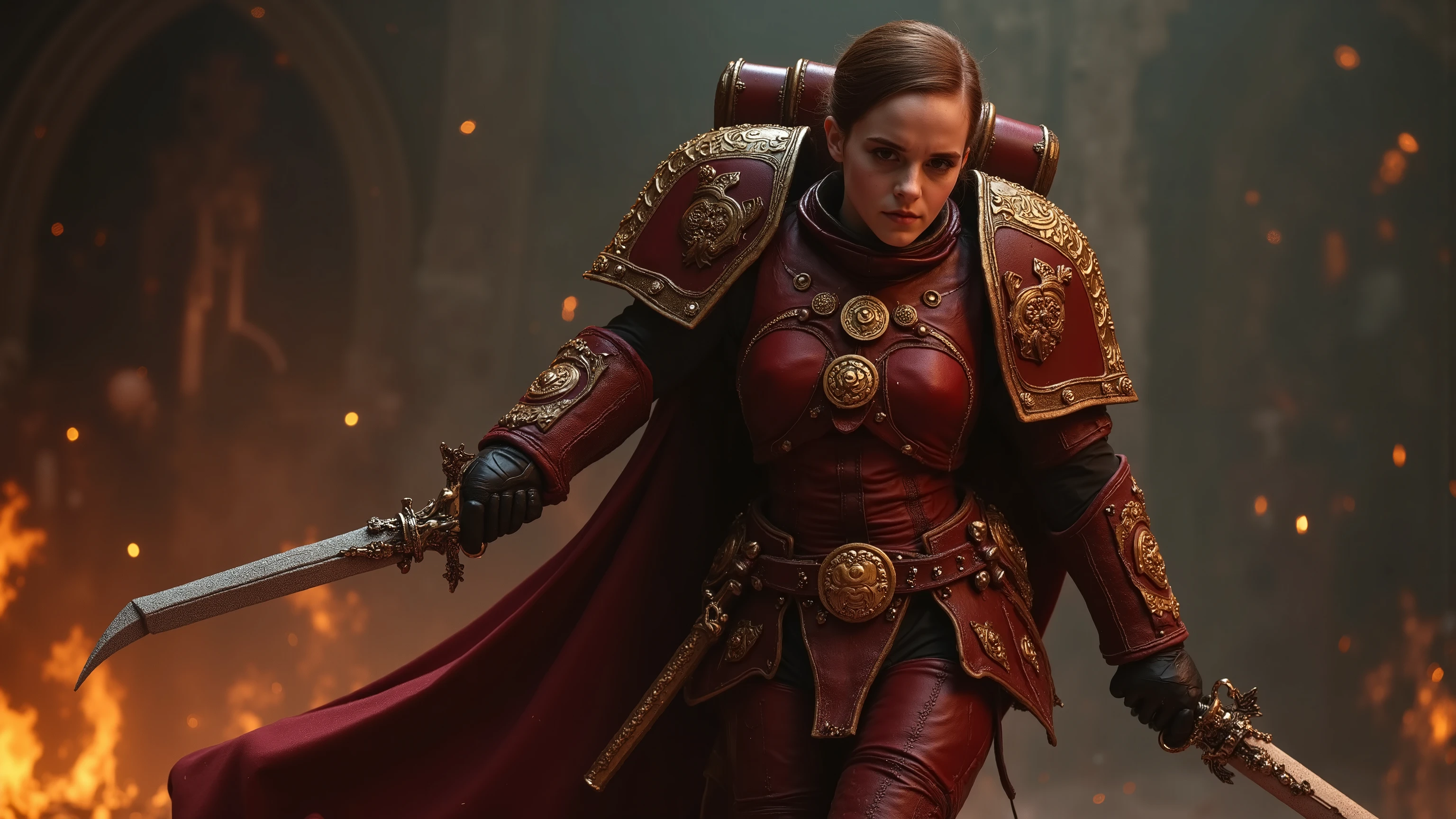 Emma Watson reimagened as a a massive Space Marine from Warhammer 40000 running at battlefield at night、1 female、 full figure, full body,
Her expression is resolute, her presence commanding—a tactical mind forged into an unstoppable force of war.
She wears power armor of deep crimson and ivory, adorned with golden inscriptions of war doctrines and purity seals. Her massive pauldrons bear the sigil of her Chapter—a burning tome, symbolizing knowledge as a weapon. A long, tattered cloak, woven with sacred text, flows behind her. In both hands, she grips a modified bolter, its intricate engravings and reinforced barrel marking it as a weapon of precise devastation. In her hand she holds a relic-force sword crackling with psychic energy,
big breast、 alluring 、shows her female character's full figure, athletic body, perfect face, full body, extremely beautiful, female shape, perfect anatomy,
In the background The Space Marine training yard is a brutal proving ground of war, lined with towering adamantium walls and purity seals. Bolter fire thunders as recruits engage in live-fire drills against moving servitor targets. Combat servitors and drill sergeants enforce discipline, while massive statues of Primarchs loom over the battlefield. A combat arena hosts melee duels with power swords and chainaxes, while psyker initiates test their abilities under Librarian oversight. Overhead, servo-skulls and gunships patrol, ensuring that only the strongest survive.
, photorealistic, masterpiece, realistic, high contrast, 8k, HD, high definition detailed, detailed, hyper detailed, realistic skin texture, best quality, ultra high resolution, hyper realistic, no text, very detailed eyes, dramatic lighting