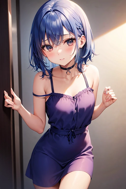 one girl, wolf ears, pure. naive, cute, blue hair, innocent, cowboy shot, camisole,