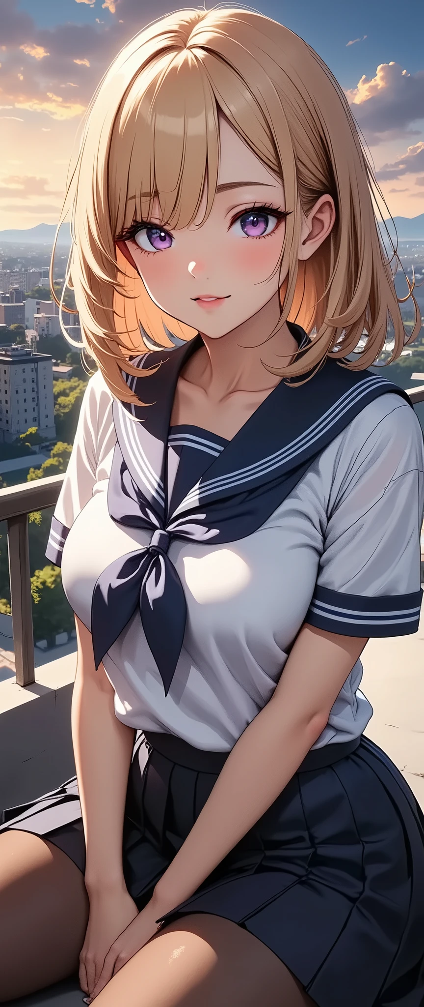 (highest quality, 4k, High resolution, masterpiece:1.2), Super detailed, one person, woman, (JK, , sailor suit, pleated skirt, striped pants), backwards, Skirt that flips up, water reflection, grace, graceな動き, Sunset colors, fantastic atmosphere, blown by the wind, provocative hips, beautiful detailed eyes, beautiful detailed lips, long eyelashes, Bright colors, soft and warm color palette, fantastic lighting, blurred background, graceな動き,