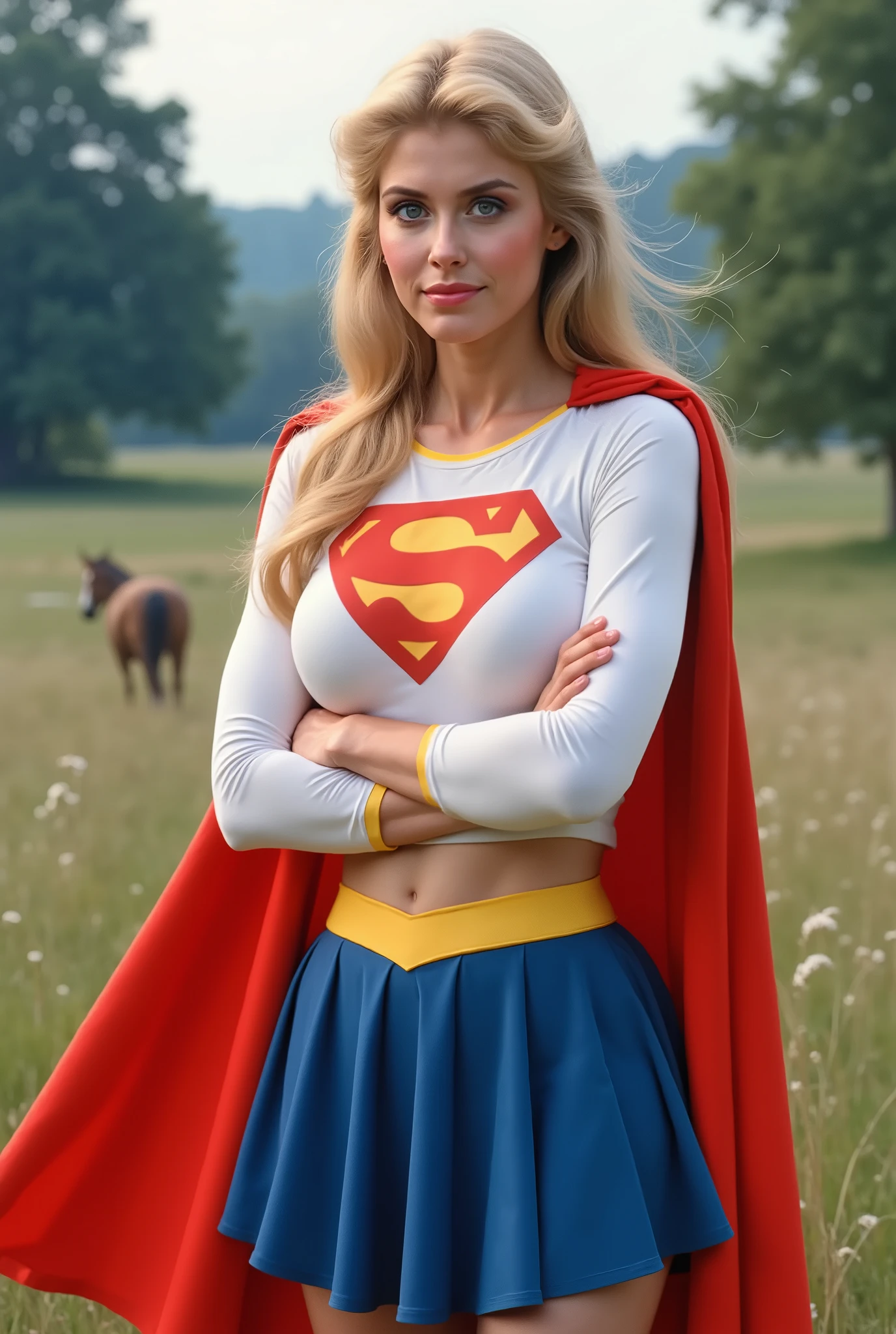 (DREAMY BLUE EYES) HELEN SLATER A SEXY MATURE CUTE HELEN SLATER WITH BLUE EYES AND LONG BLONDE HAIR WEARING A LONG SLEEVE WHITE CROP TOP WITH A "S" EMBLEM, AND GOLD TRIM ON THE SLEEVES, A SHORT BLUE PLEATED SKIRT WITH A YELLOW SUPERMAN BELT, A PAIR OF TALL RED SUPERGIRL BOOTS WITH YELLOW TRIM, AND A LONG RED SUPERGIRL CAPE. Smile, High Resolution, Detail, High Details, Super Detailed, Textured Skin, Retina, High Quality. ON THE KENT FARM RIDING HER HORSE.