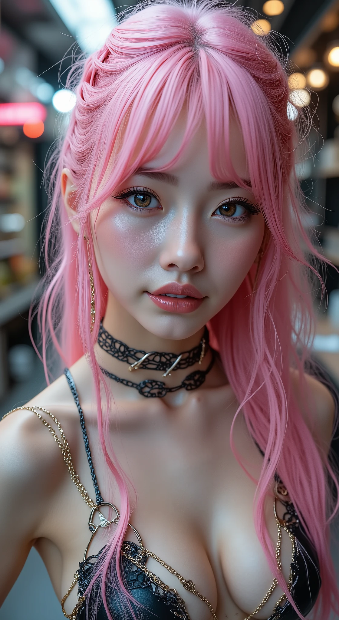 Realistic ((Photorealistic realism)),((high resolution)),((ultra insanel quality, professional extremely detailed digital art)), ((focus on extremely Realistic Proportion Body:1.3)), ((portrait)),((a cute and very beautiful, 1 Japanese, 30yo, famous Kpop idol:1.35)), (ultra realistic texture details: velvety skin, hair),((extremely beautiful face)), (intricate detail face), ((Hyper details realistic black_eyes:1.35)), ((finely details pupils:1.3)), ((detailed symmetrical lips:1.3)), (pink_lipstick:1.3), ((long eyelashes:1.4)), ((perfect dark_eyeshadows:1.4)), (Detailed nose:1.2), (perfect composition), ((pale skin)),((focus on the face, open mouth, joyful expression)),perfect female body,(Beautiful long legs in good style:1.3),((no bra, no panties:1.3)), (medium butt),(skinny body build),(perfect hot model body:1.4),((slim belly: 1.2)),(muscular body),((long pink stylish hair:1.3), extremely detailed:1.23), dressed in a slave outfit (made of latex:1.3), (dressed in cropped top (latec with chains:1.3)),long pants (tight black latex:1.4)., Depth of field, cinematic light, Lens flare, dslr, best high quality soft lighting, sharp focus captured by Fujifilm XT3, f 5.6, in a dramatic lighting, ((from below:1.3)),(show high exposed thighs:1.3),((full body shot:1.3))