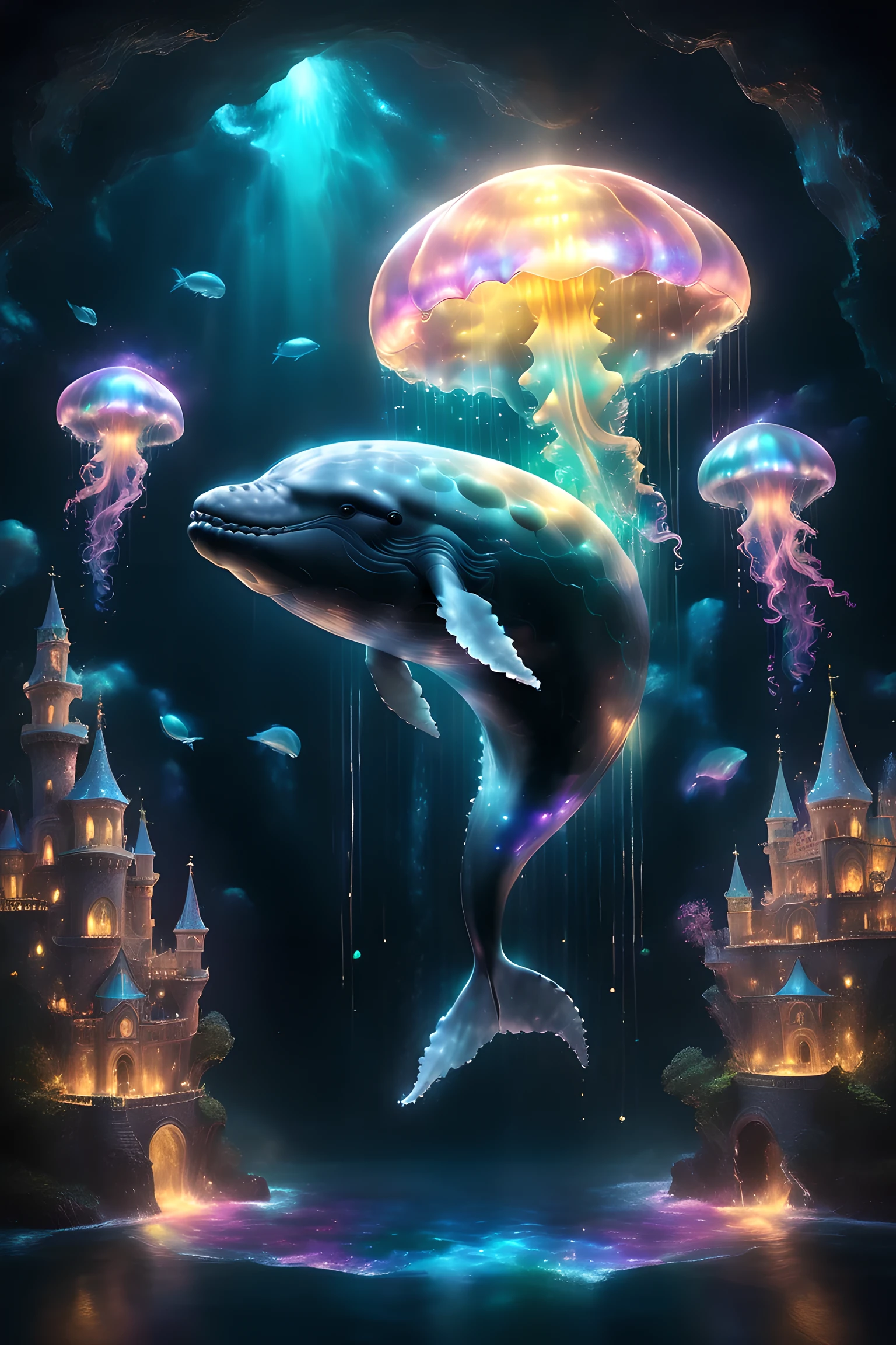among branches with whales jellyfishes fireflies and lanterns by Kuvshinov, samdoesart, dreamlikeart, (((surrealism))), (Style-Glass)