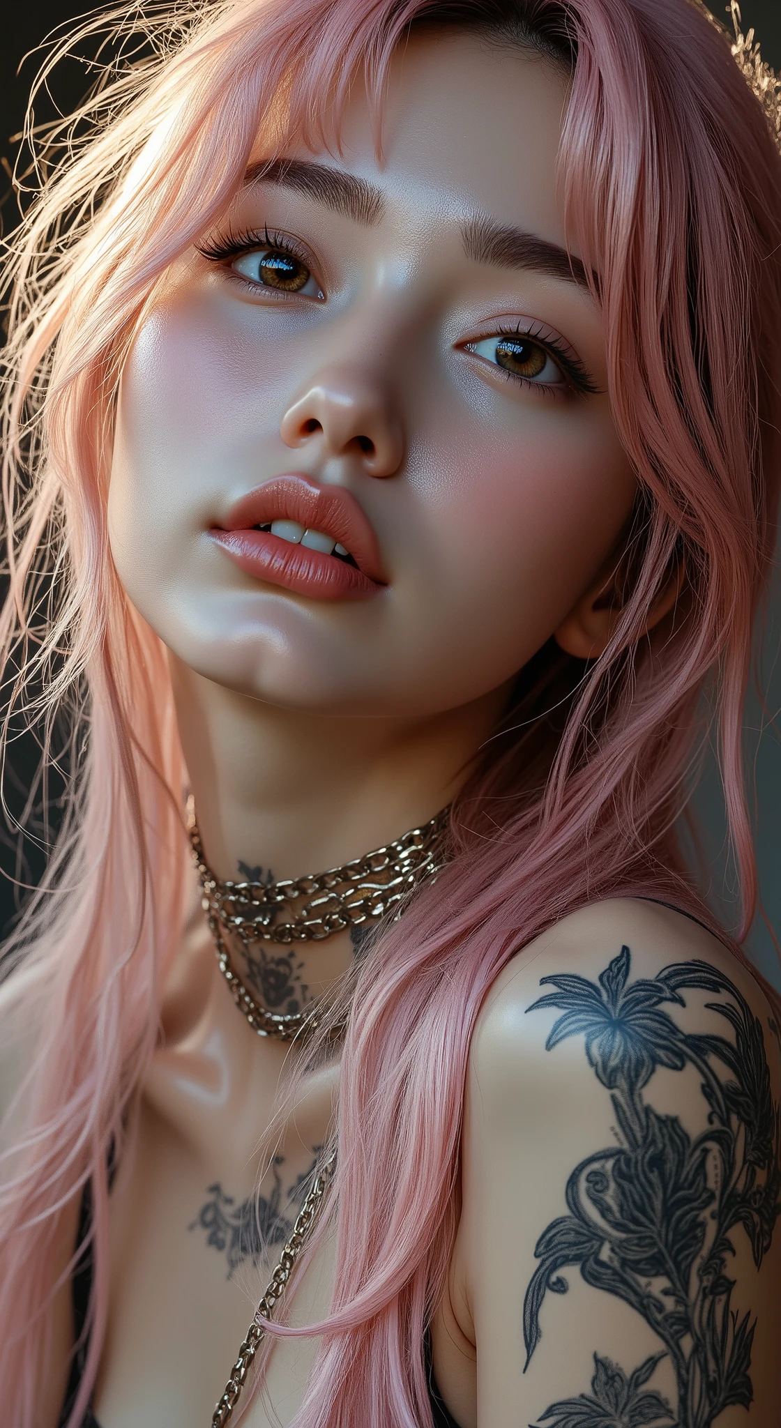 Realistic ((Photorealistic realism)),((high resolution)),((ultra insanel quality, professional extremely detailed digital art)), ((focus on extremely Realistic Proportion Body:1.3)), ((portrait)),((a cute and very beautiful, 1 Japanese, 30yo, famous Kpop idol:1.35)), (ultra realistic texture details: velvety skin, hair),((extremely beautiful face)), (intricate detail face), ((Hyper details realistic black_eyes:1.35)), ((finely details pupils:1.3)), ((detailed symmetrical lips:1.3)), (pink_lipstick:1.3), ((long eyelashes:1.4)), ((perfect dark_eyeshadows:1.4)), (Detailed nose:1.2), (perfect composition), ((pale skin)),((focus on the face, open mouth, joyful expression)),perfect female body,(Beautiful long legs in good style:1.3),((no bra, no panties:1.3)), (medium butt),(skinny body build),(perfect hot model body:1.4),((slim belly: 1.2)),(muscular body),((long pink stylish hair:1.3), extremely detailed:1.23), dressed in a slave outfit (made of latex:1.3), (dressed in cropped top (latec with chains:1.3)),long pants (tight black latex:1.4)., Depth of field, cinematic light, Lens flare, dslr, best high quality soft lighting, sharp focus captured by Fujifilm XT3, f 5.6, in a dramatic lighting, ((from below:1.3)),(show high exposed thighs:1.3),((full body shot:1.3))