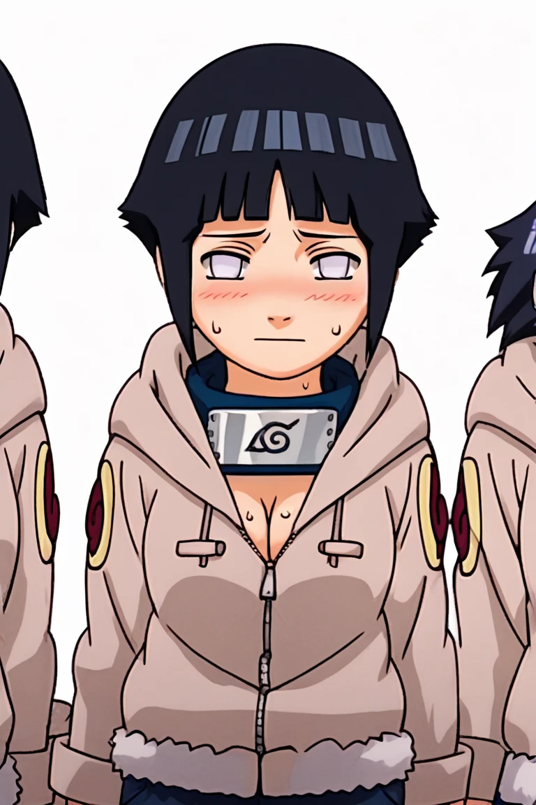 standing, shy, smile, blush, solo, 1girl, obese hyuuga hinata, thick thighs, perfect body, black hair, short hair, white eyes, no pupils, small breats, black pants, jacket, hands in cheeks, ultra detailed, masterpiece, best quality, aesthetic, detailed