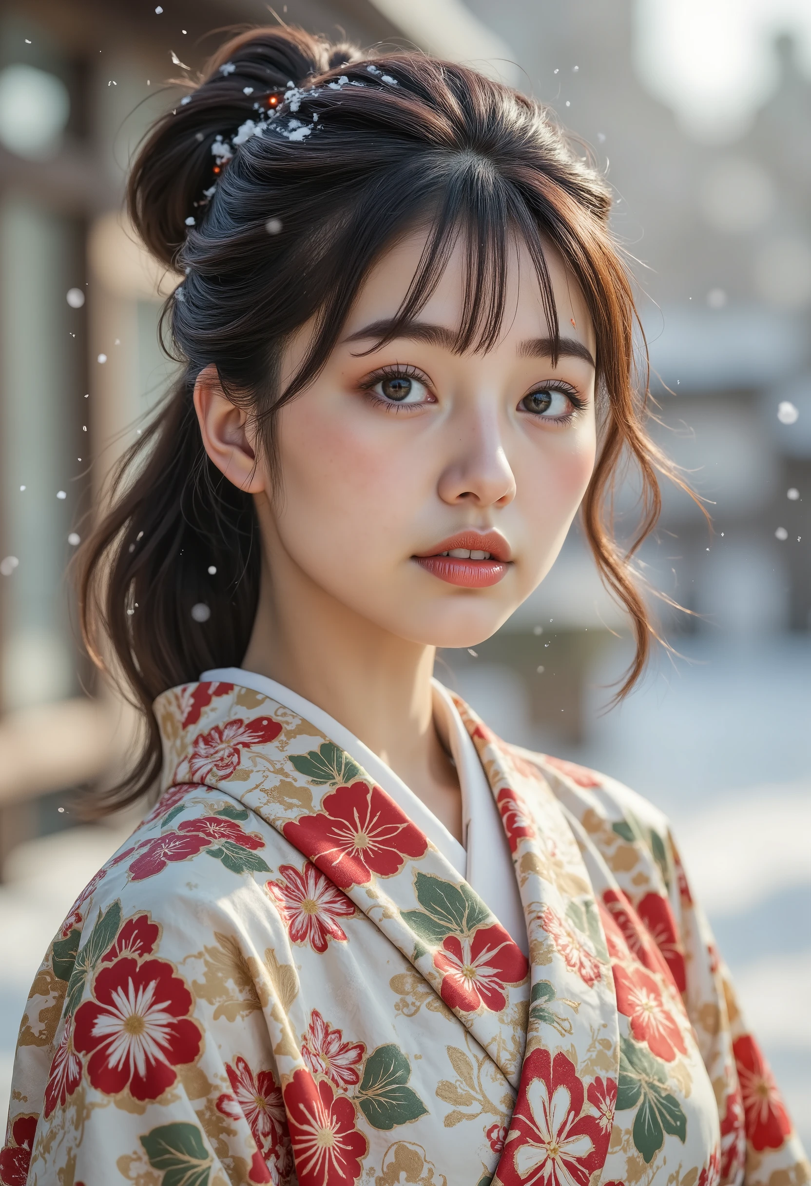 ( kimono)、、( top quality,​masterpiece:1.3, super A high resolution,),( super detailed, caustics),( photorealistic:1.4,RAW shooting,) Ultra Realistic Capture, very detailed,High-definition 16K human skin、  skin texture is natural 、、 the skin has a healthy and uniform tone 、 Use natural light and color, one woman, Japanese,, cute, dark-haired,  making middle hair ,( Depth of Coverage、  Color Difference、、Wide-area lighting、Natural Shading、)、、( it's snowing :1.3)、( hair that flutters like :1.2)、( snow reflects light :1.3)