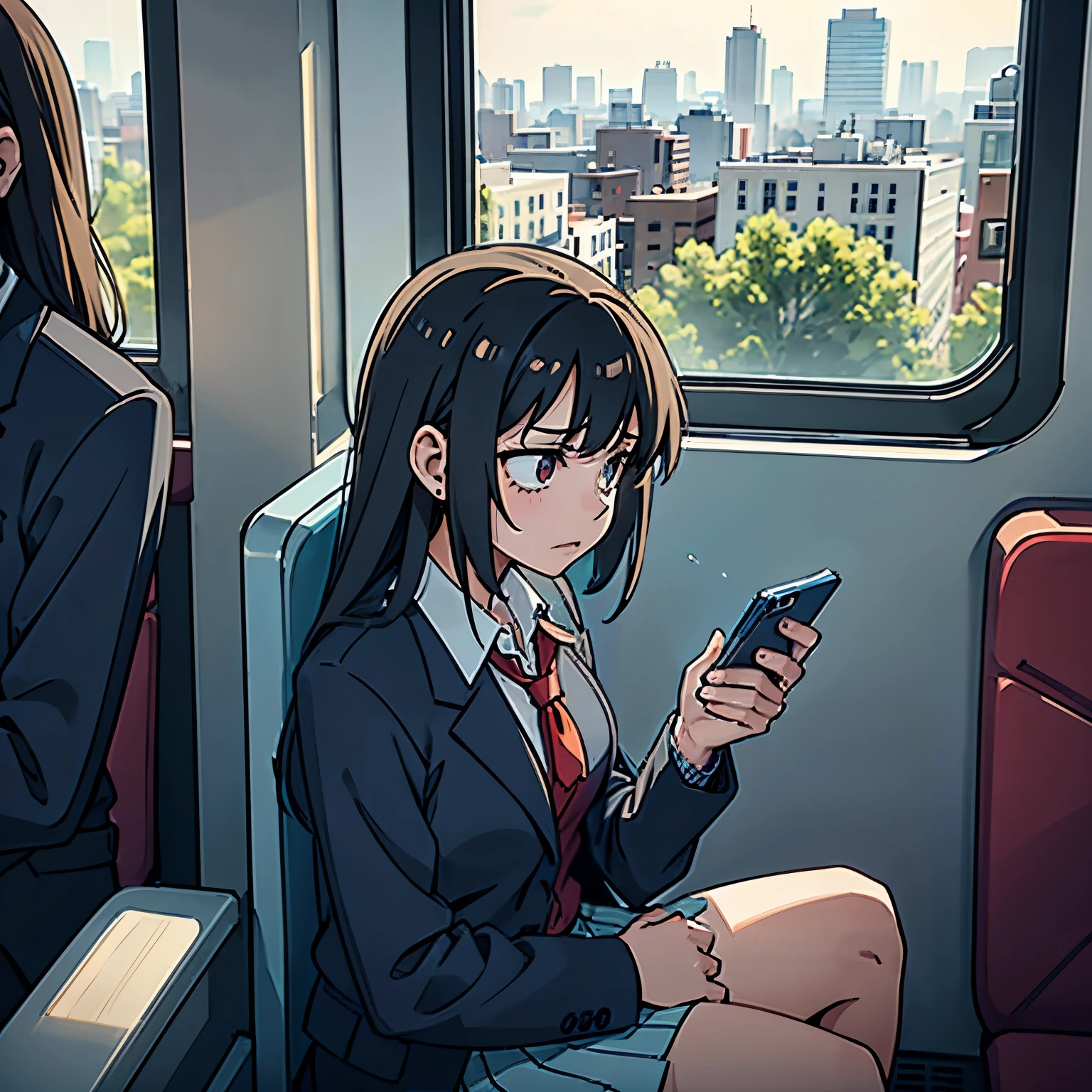 A high school girl is on a train during her morning commute, holding her broken earphones with a troubled expression. She is wearing a school uniform and looking at her smartphone screen with a sigh. One earphone is in her hand as she tries to plug it in, realizing it no longer works, showing her frustration. The background features other quiet passengers sitting, slightly blurred, and the train window reveals a cityscape with morning sunlight streaming in. Her facial expression conveys mild panic and disappointment, capturing a relatable moment from modern high school life