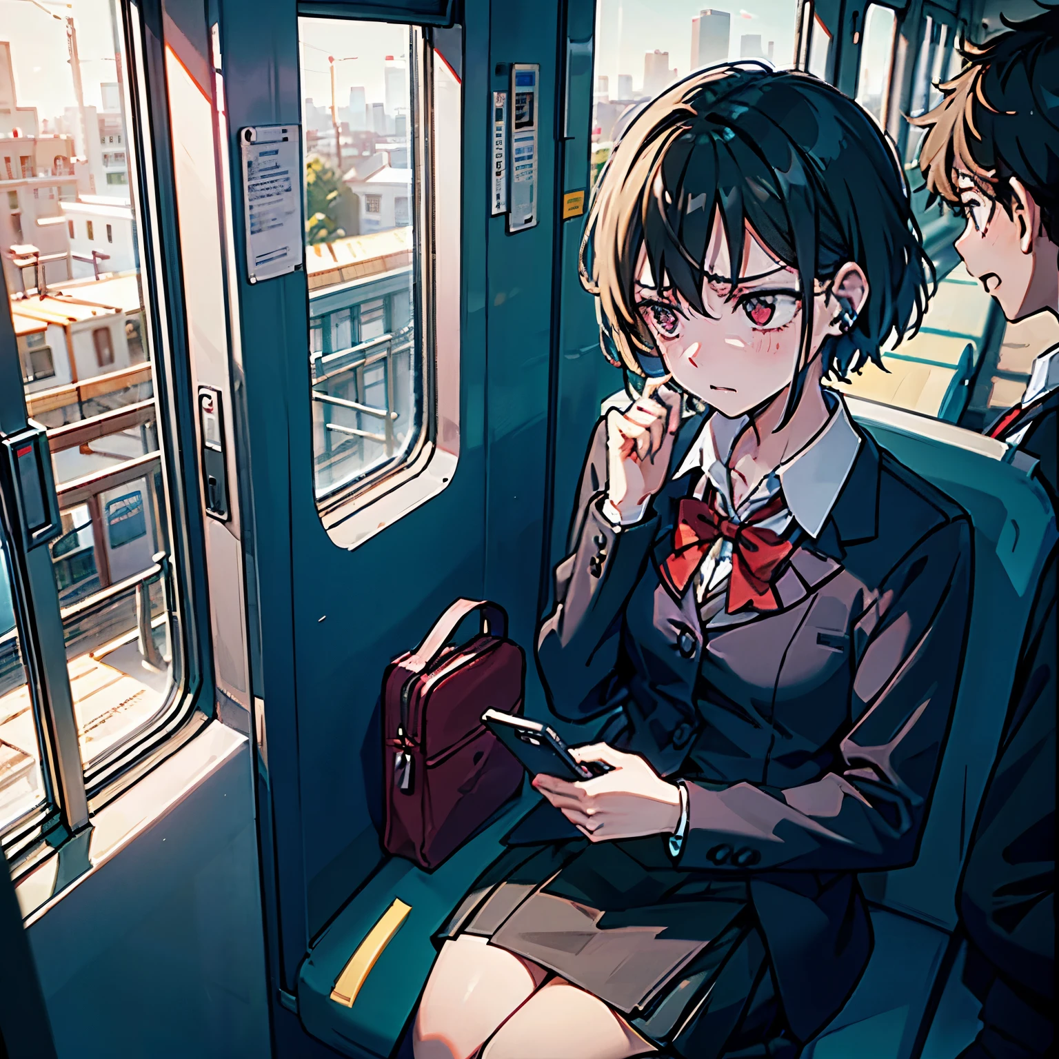 A high school girl is on a train during her morning commute, holding her broken earphones with a troubled expression. She is wearing a school uniform and looking at her smartphone screen with a sigh. One earphone is in her hand as she tries to plug it in, realizing it no longer works, showing her frustration. The background features other quiet passengers sitting, slightly blurred, and the train window reveals a cityscape with morning sunlight streaming in. Her facial expression conveys mild panic and disappointment, capturing a relatable moment from modern high school life
