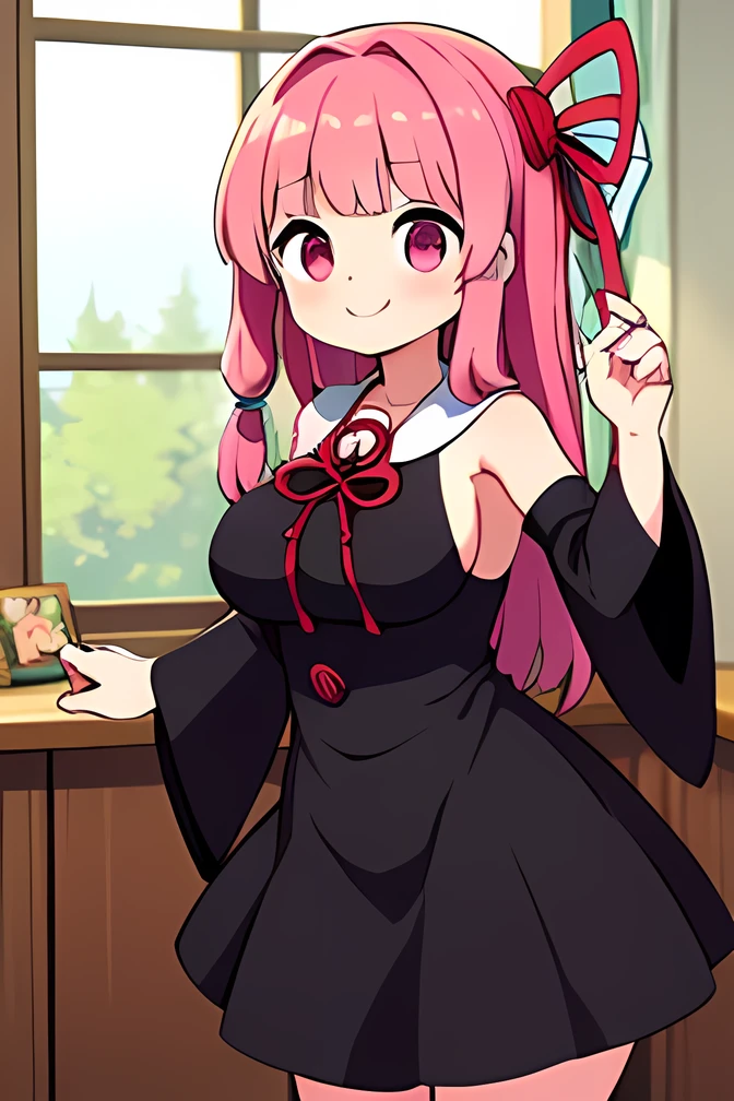 kotonoha akane,(( is puzzling)),Small eyes,round face,(hair ribbon),(((big breast))),( chubby),black dress, detached sleeves, wide sleeves, bare shoulders ,big smile, indoor,standing,cowboy shot,