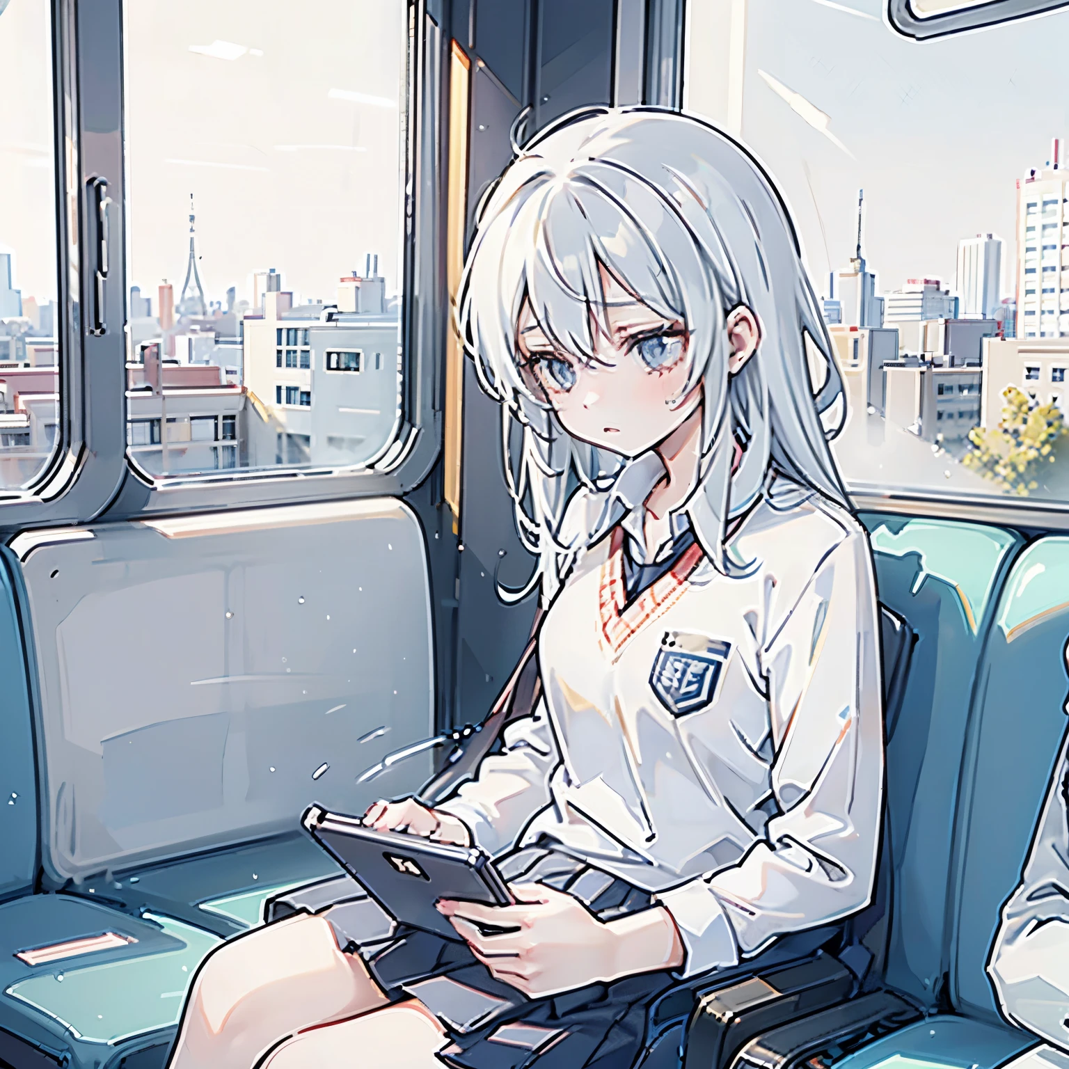 A high school girl is on a train during her morning commute, holding her broken earphones with a troubled expression. She is wearing a school uniform and looking at her smartphone screen with a sigh. One earphone is in her hand as she tries to plug it in, realizing it no longer works, showing her frustration. The background features other quiet passengers sitting, slightly blurred, and the train window reveals a cityscape with morning sunlight streaming in. Her facial expression conveys mild panic and disappointment, capturing a relatable moment from modern high school life
